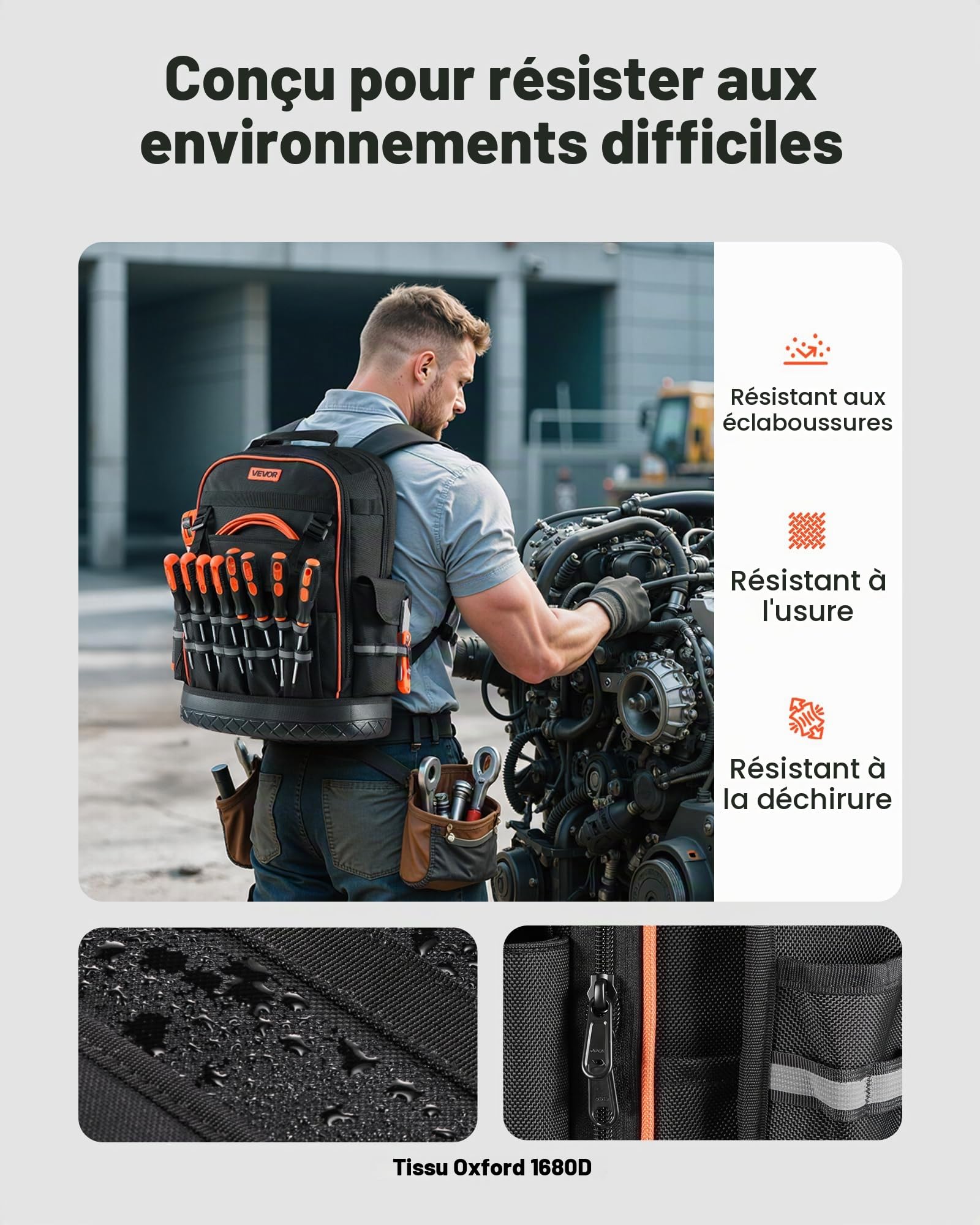 VEVOR Sac à Dos à Outils, Charge 31,75 kg, Sac à Outils 36,5x19,5x47 cm avec 64 Poches, Compartiment Ordinateur Portable, Base, Organisateur à Outil Robuste pour Chantier, Électricien, Réparateur CVC