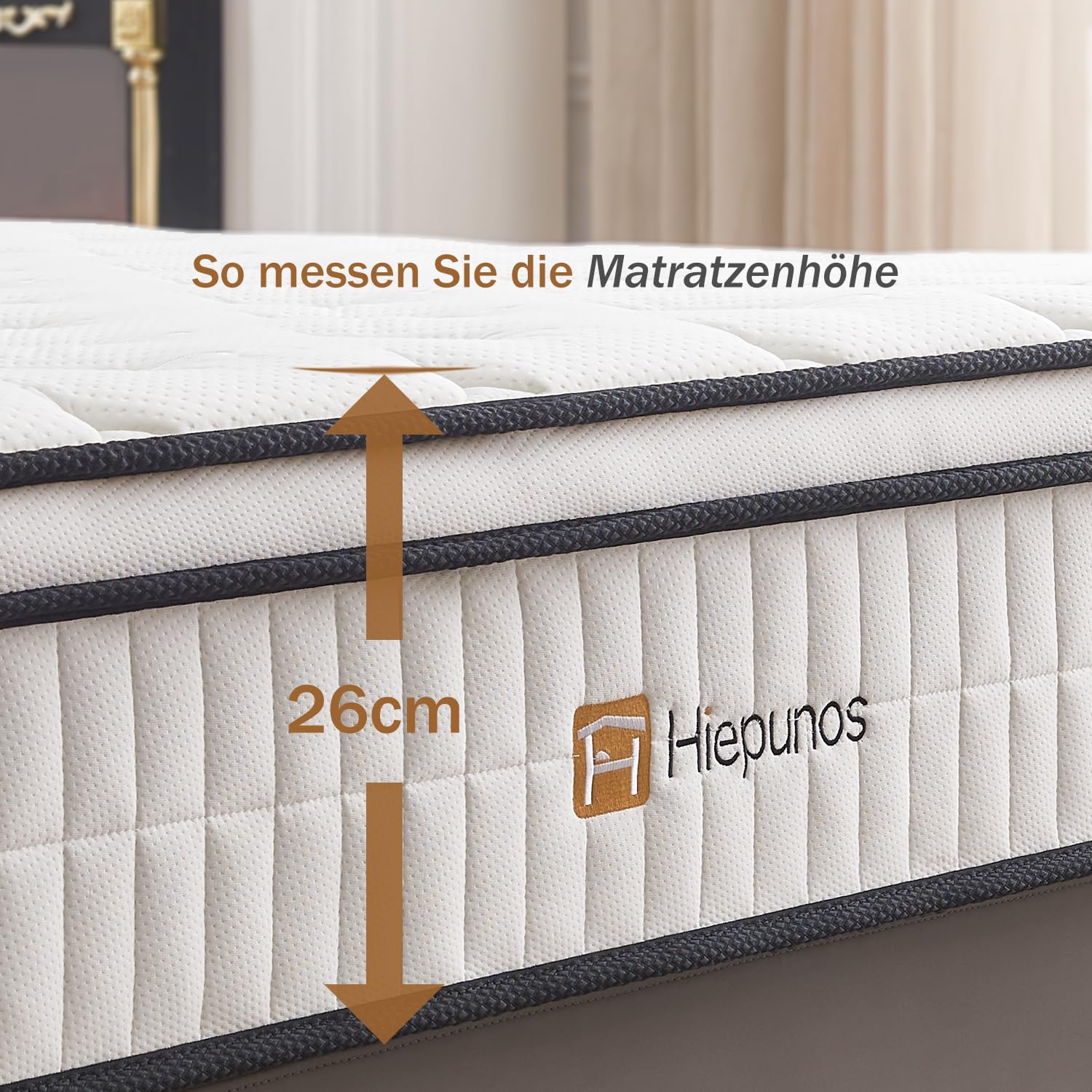 Hiepunos Materasso 160 x 200 cm, 26 cm, altezza materasso a molle insacchettate, grado di durezza H3,7 zone, ortopedico con strato di memory foam, scarico della schiena, certificato Öko-Tex