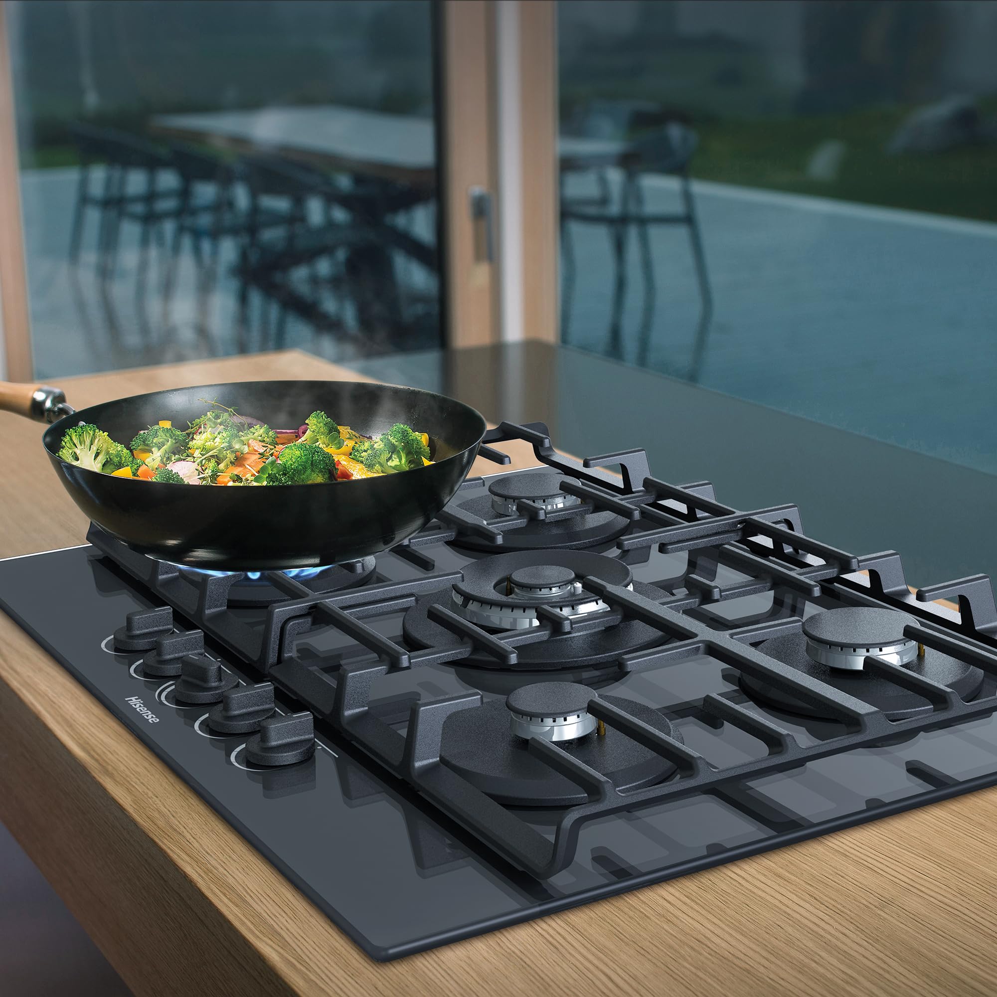 Hisense GG773B - Placa de Gas 5 Zonas, 1000W, Fondo 52cm, 5 Quemadores de Gas, Soporte de Hierro Fundido, Encendido con una mano, Quemador Wok, Superficie de fácil limpieza, Cristal Negro