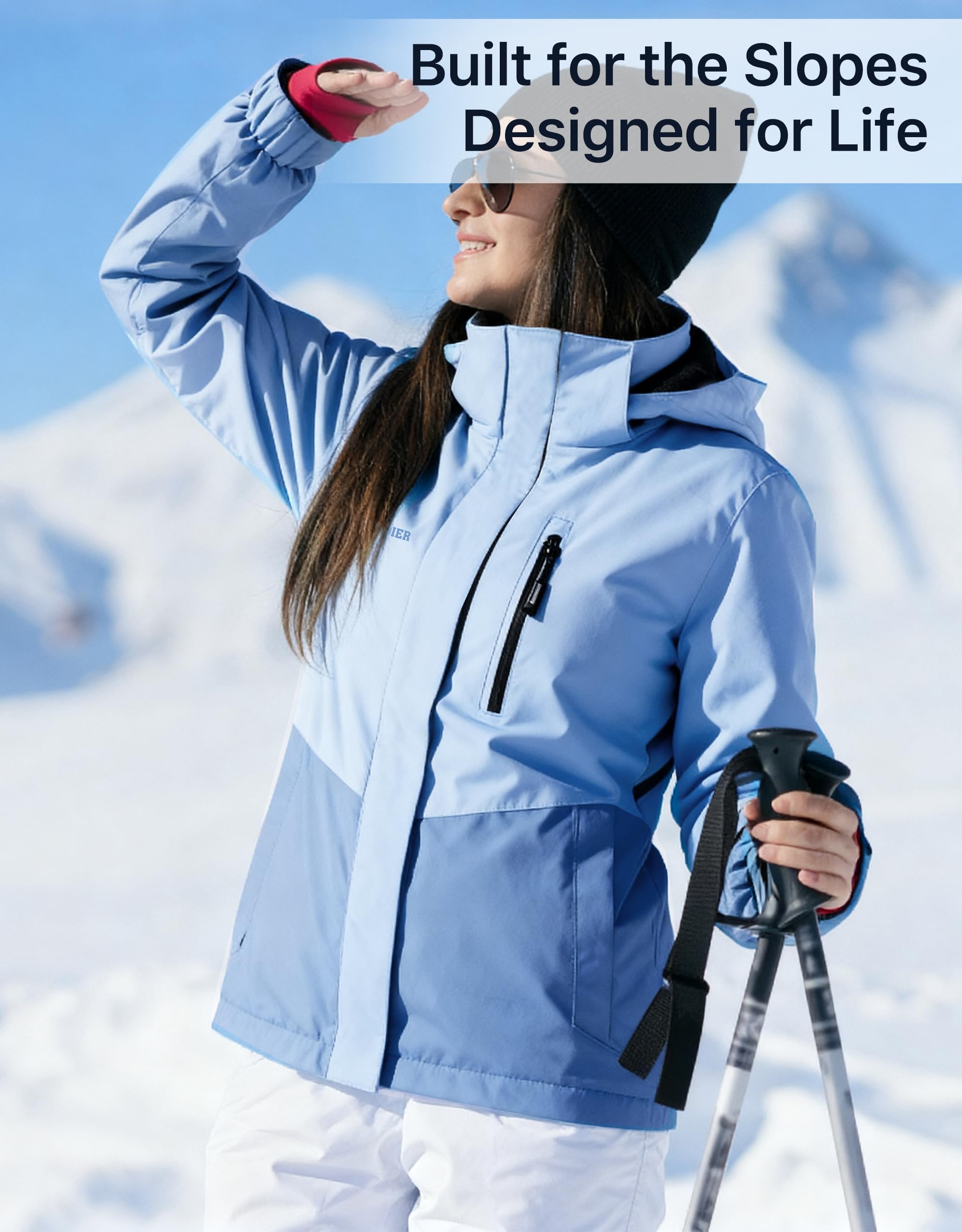 FREE SOLDIER Damen Wasserdichte Skijacke Fleece Gefüttert Warm Winter Schneemantel Winddicht Kapuze Regenmantel