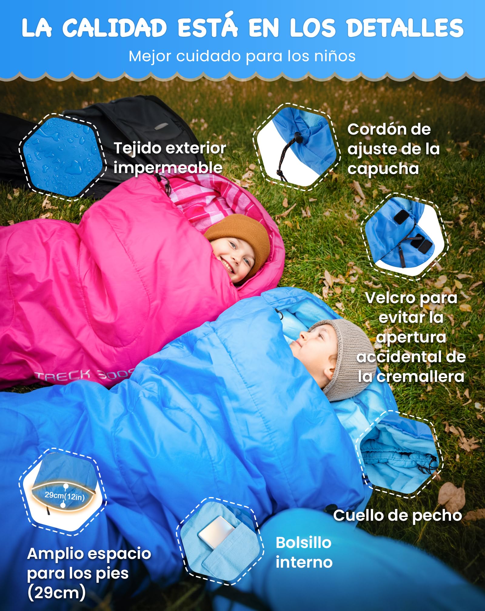 KingCamp Saco de Dormir para niños con Forro de Franela para Clima frío, Saco de Dormir de 3 a 4 Estaciones para Adolescentes, jóvenes, niños, niñas, Camping, Senderismo, Mochila