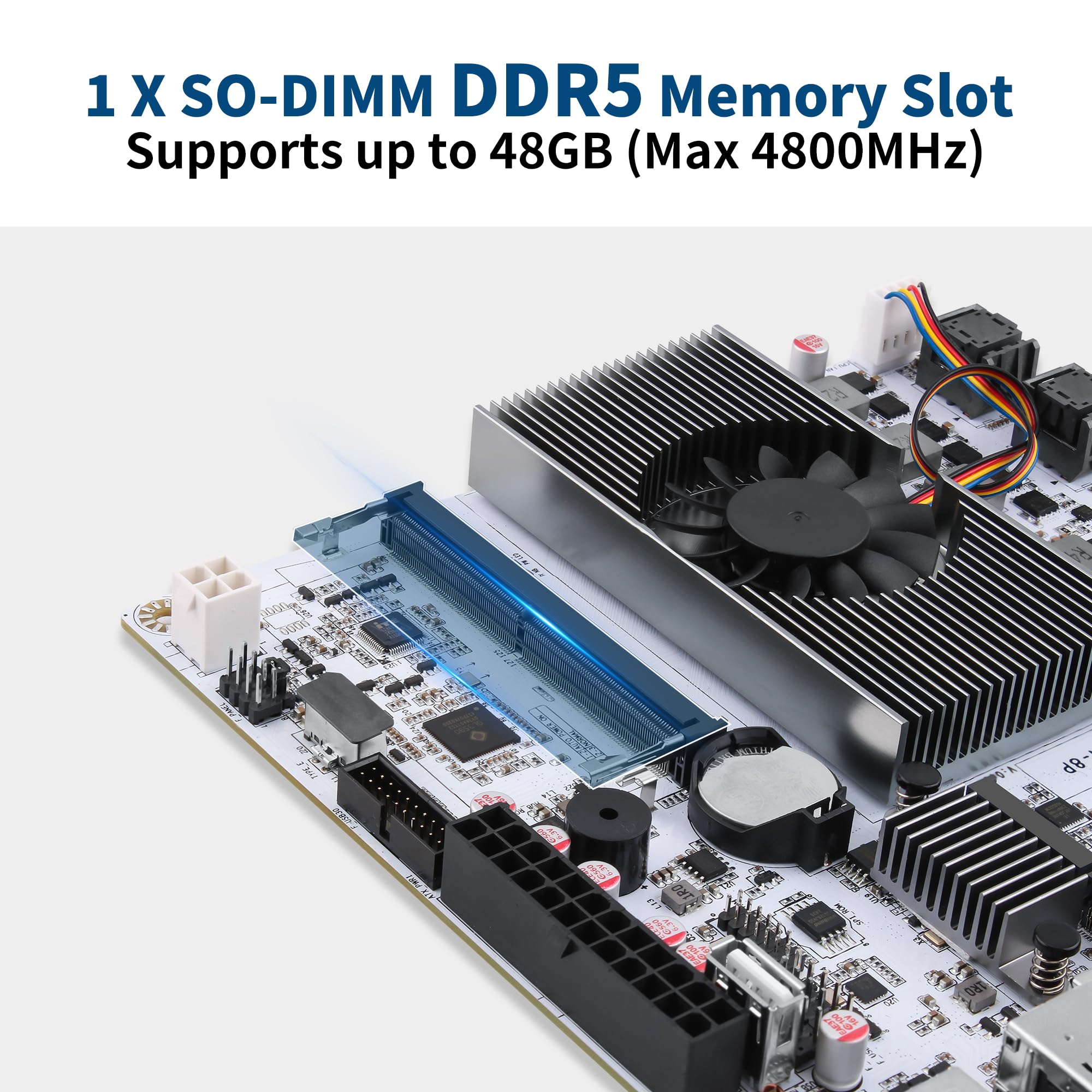 NAS Motherboard 8 Bay, 10GbE RJ45 LAN, N150 Mini ITX Mainboard, 2 x NVMe, Dual i226-V 2.5GbE LAN, DDR5 Barebone, USB-C, TF Slot, PCIEx1, HD+DP, 2 x SFF8643 (No Cables)