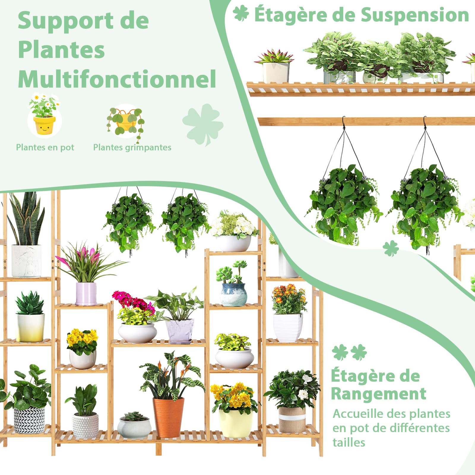 COSTWAY Support pour Plantes en Bambou à 9 Niveaux, Porte-Plante Dispositif Anti-basculement Charge de Chaque Étagère 10KG, Convient au Salon Balcon, 167 x 30 x 166 cm