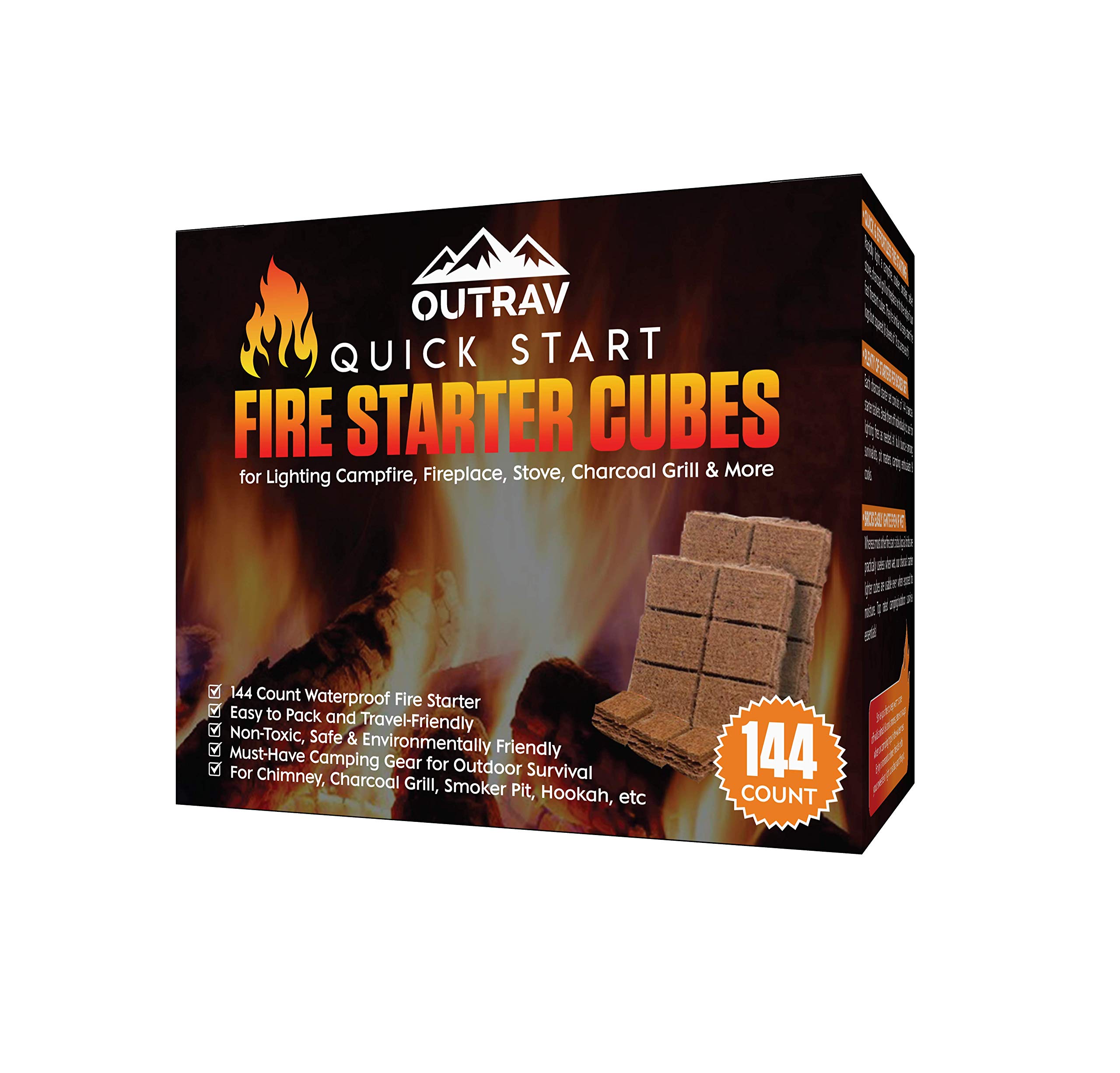 Outrav Fire Starter Cubes, 144ct Charcoal Firestarter Squares for Lighting Fireplace, Wood Stove, Grill, Campfire, BBQ Smoker Pit ââ‚¬â€œ Mini Nontoxic Waterproof Fire Starting Bricks for Camping, S