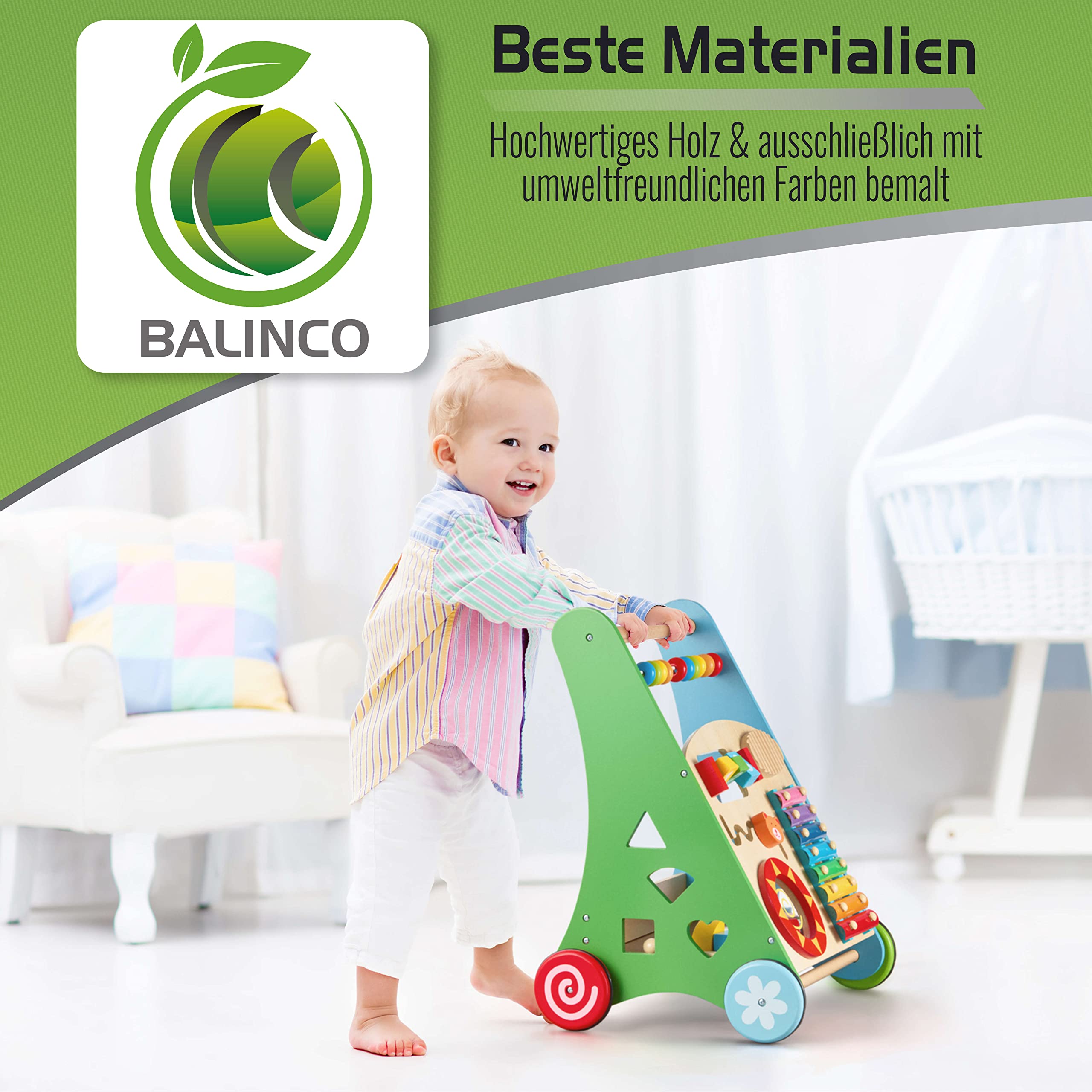 Balinco Lauflernwagen Holz, Lauflernhilfe Baby, Babywalker, Gehhilfe Baby, Lernlaufwagen, Motorikwagen, Kippsicher & Stabil, Handgefertigt, Echtholz