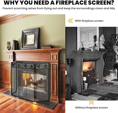 Miniatura 6 de Giantex Pantalla para chimenea de 3 paneles, color negro, 50 x 30 pulgadas, plegable, de malla antigua, de metal, no necesita montaje, cubierta