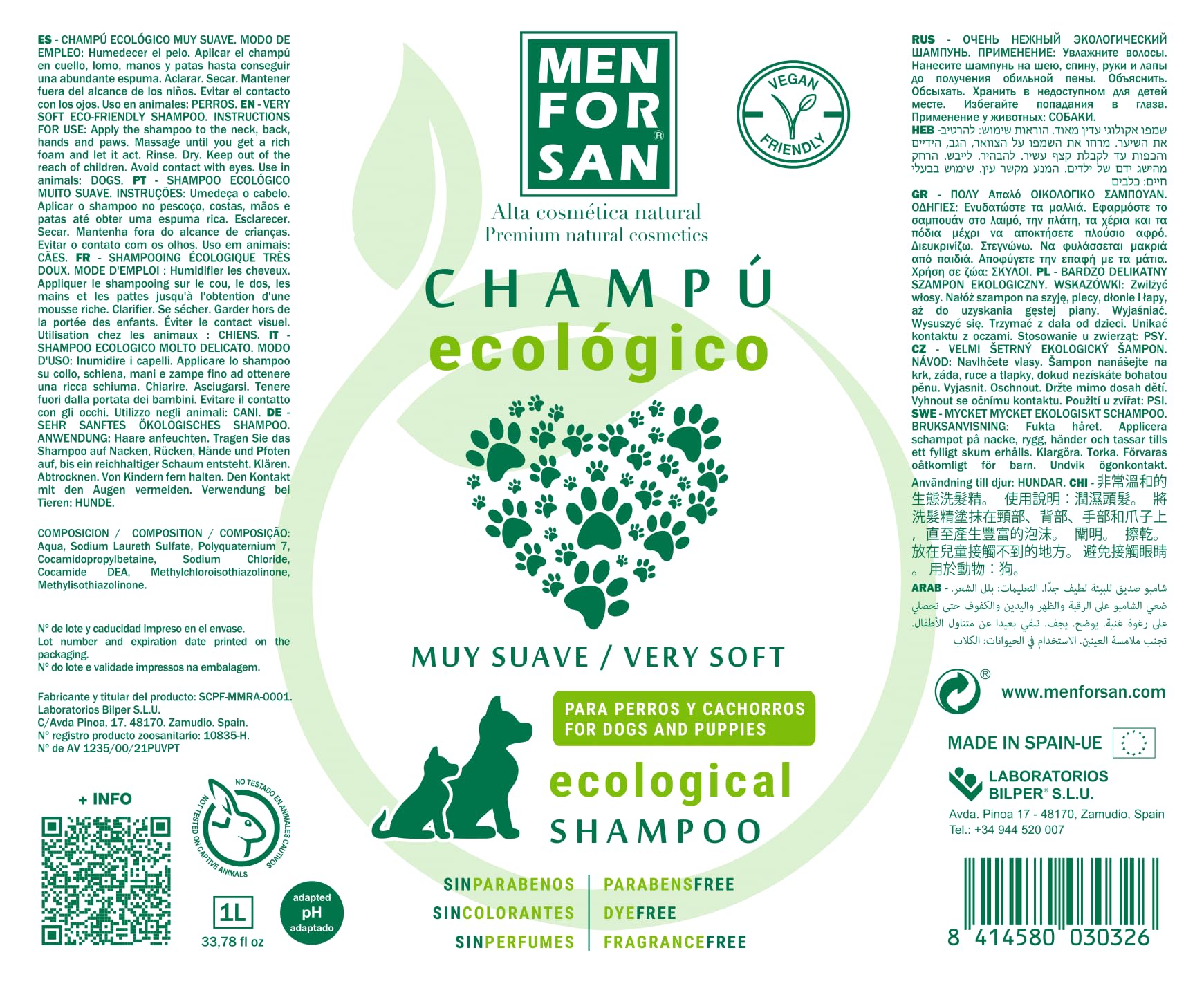 MENFORSAN Ekologiczny szampon dla psów i szczeniąt 1L, składniki w 100% biodegradowalne