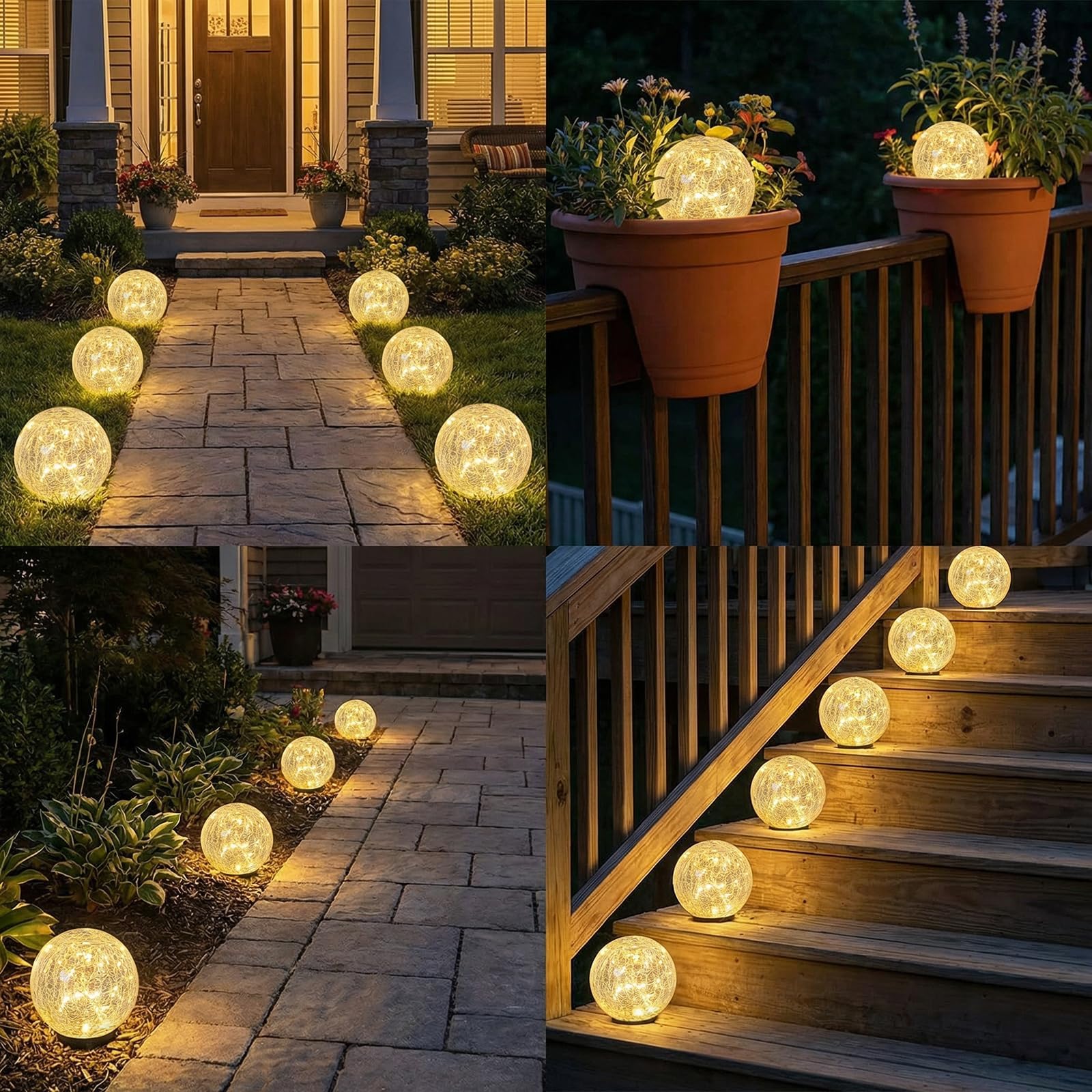 SyouHome - Luci solari da giardino per esterni, impermeabili, confezione da 6 pezzi, 30 LED a sfera in vetro incrinato, decorazione da giardino