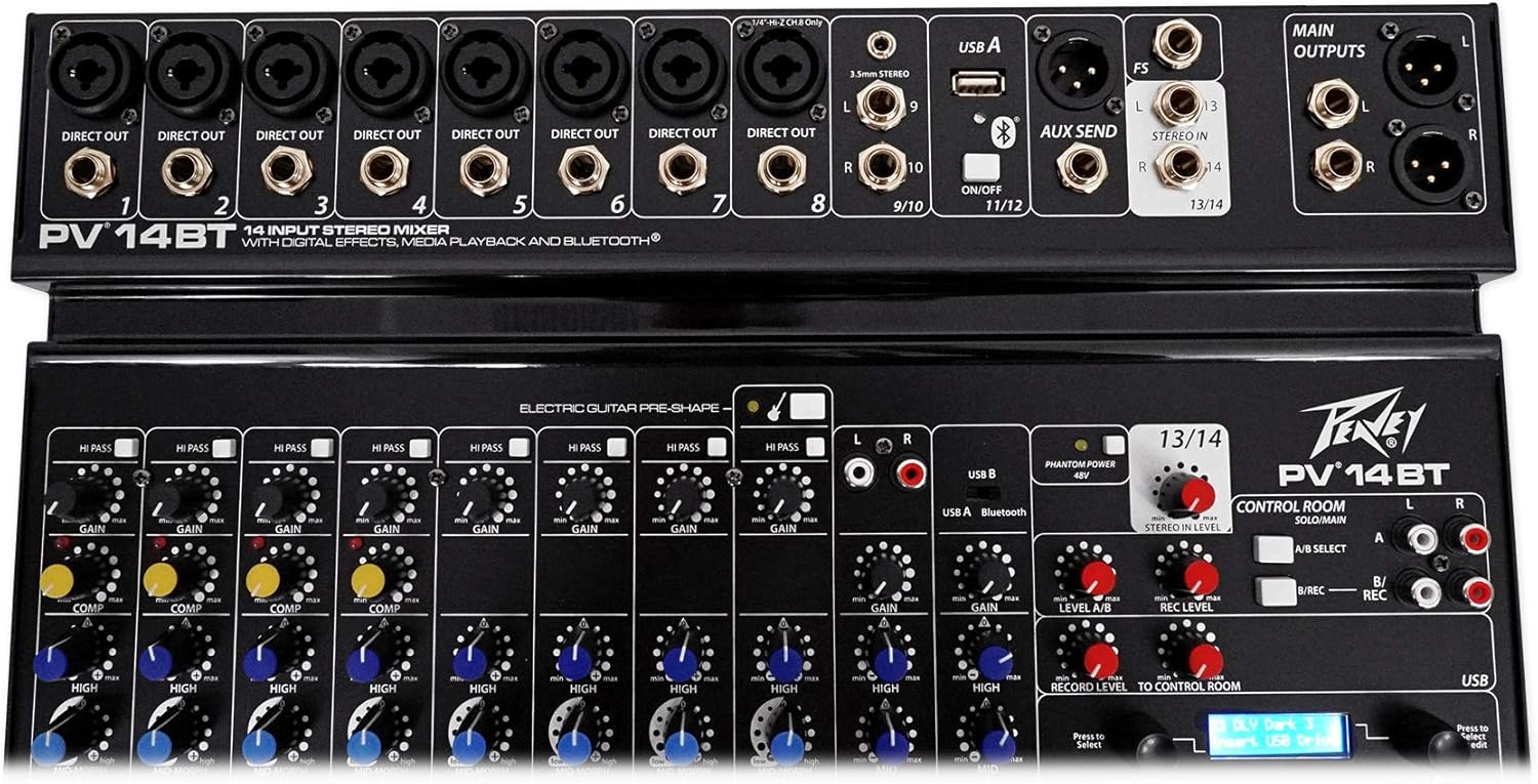 Peavey PV 14BT PV14BT Pro Audio Mixer,8 mic in,USB,Compressor/Effects+Bluetooth Bundle with Peavey PVI100XLR Wired Dynamic Cardioid Vocal Microphone