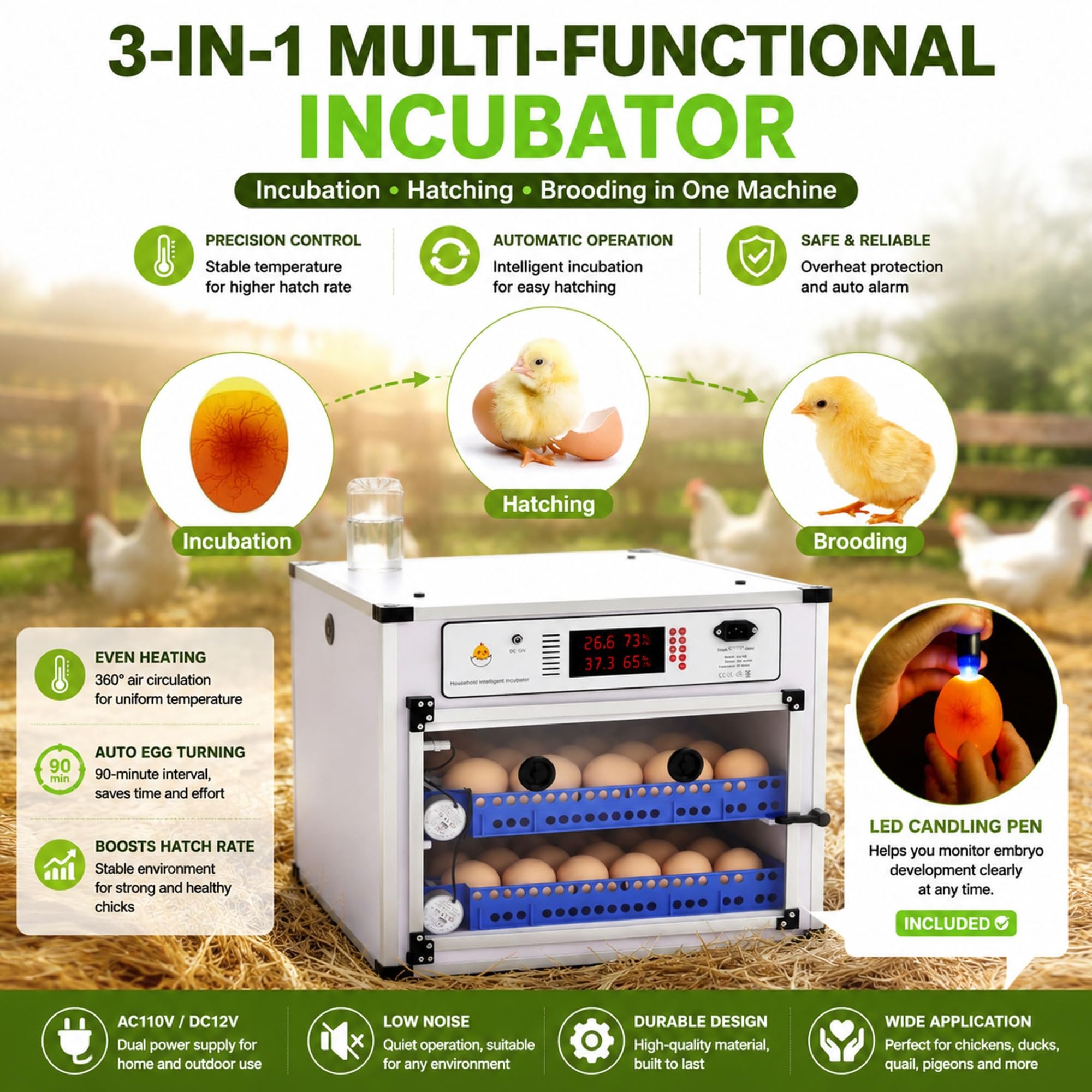 Incubatrice Automatica 136 Uova con di Girello Automatico, Controllore Digitale Temperatura Umidità & Rabbocco Acqua Esterno, Incubatrice Armadio per Pollo Anatra Oca