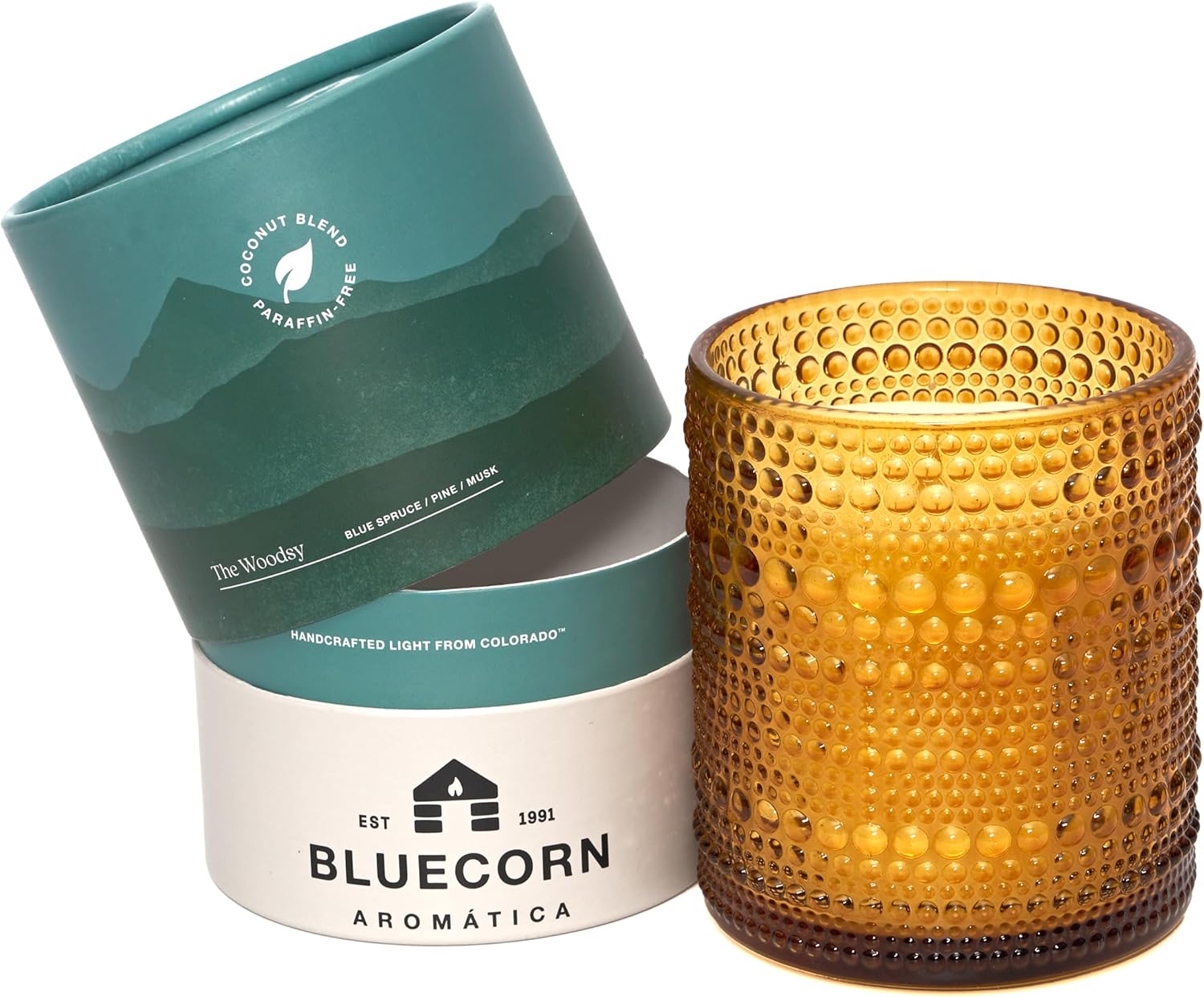 Bluecorn Candles Aromatica The Woodsy Scented Candle for Home | Alpine Inspired Coconut Wax Candle with Blue Spruce & Pine | Amber Glass Jar with 25 Hour Burn Time | Aromatherapy, Gift (Small)