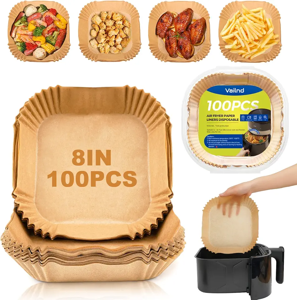 Air Fryer Paper Liners: 100Pcs Parchment Paper, 8" Air Fryer Liner Disposable for Microwave, Non-Stick Square Air Fryer Basket Liner