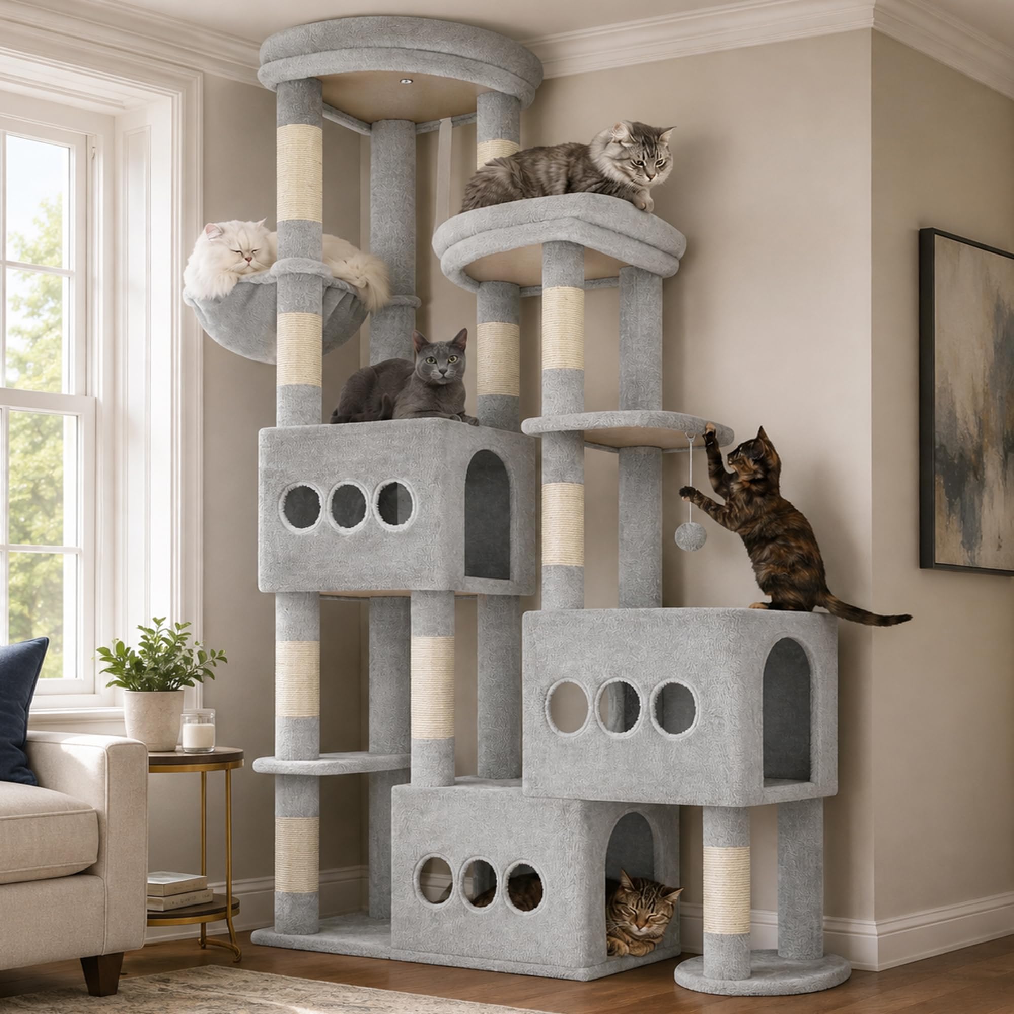 Gitelsnour Arbre à Chat 182 cm pour Grands Chats, Tour pour Chats Stable avec 3 Grandes niches, 3 Plateformes, Panier et 10 poteaux à griffer, idéal pour Famille multichats, Gris Clair GCT036W
