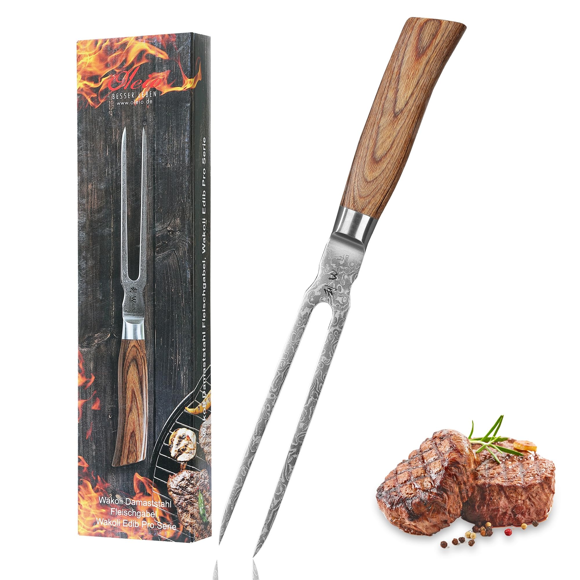 Wakoli EDIB Pro Tranchiergabel 18 cm aus 67 Lagen Damaststahl mit VG10 Kern | Fleischgabel mit Pakkaholzgriff und Geschenkbox, zum sicheren Fixieren, Wenden und Servieren von Braten, Steaks und Grillgut.