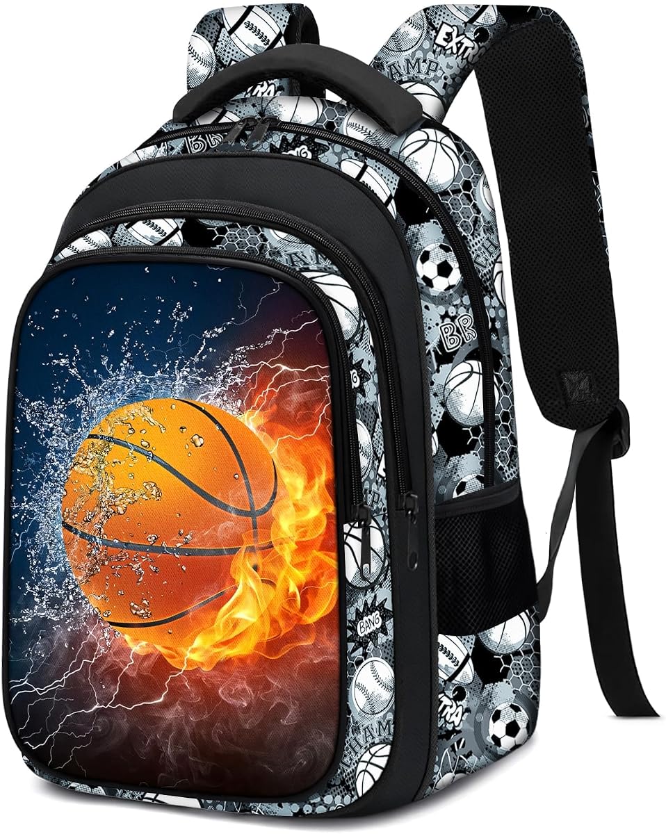 School Backpack for Boys - Basketball Boys Backpack for Kids Children Teens Elementary Middle School - 17″ Sport Bookbag Travel Back Pack for Age 6-18