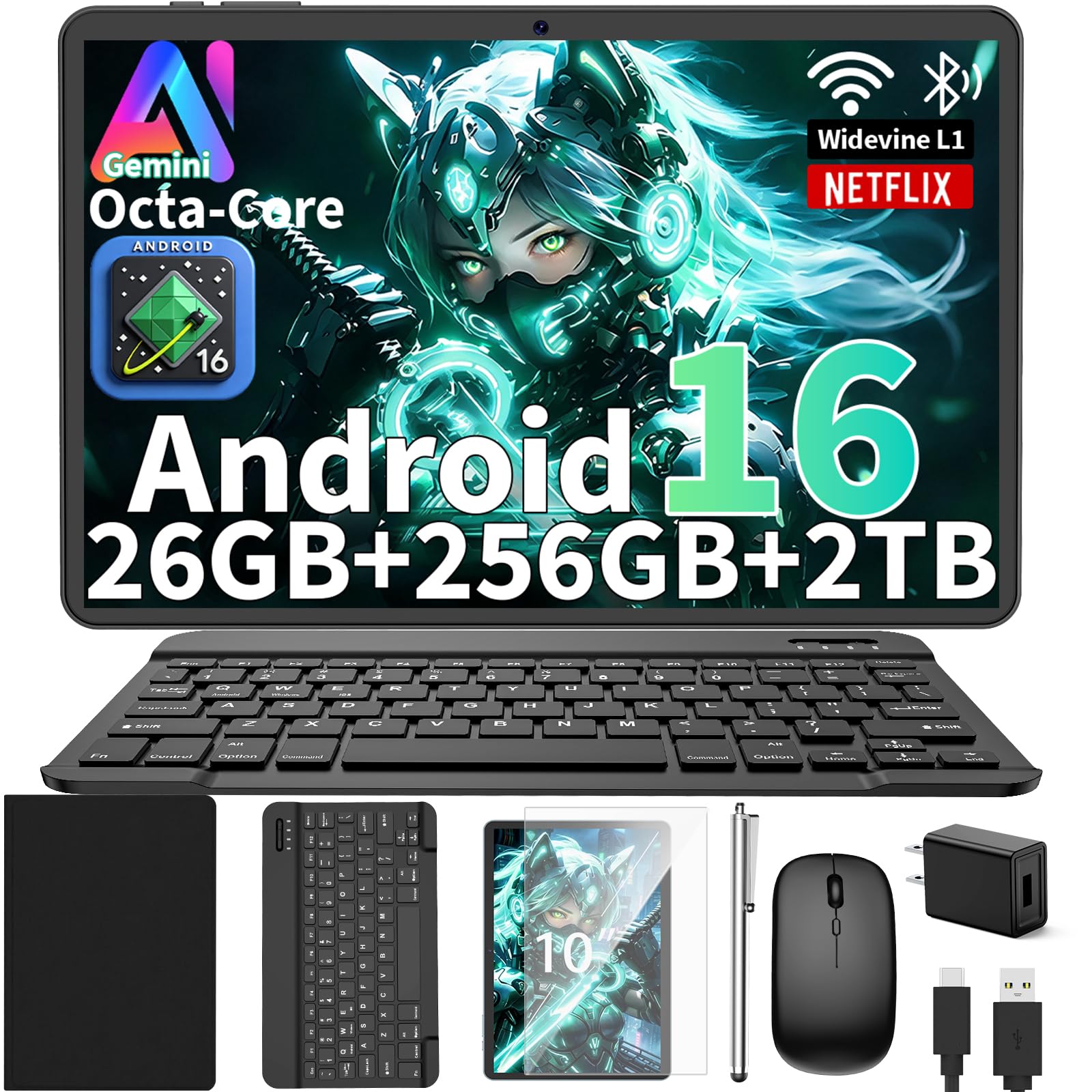 Android 16 Tablet with Keyboard,10 inch Tablet, 26GB+256GB+2TB(Black Case)