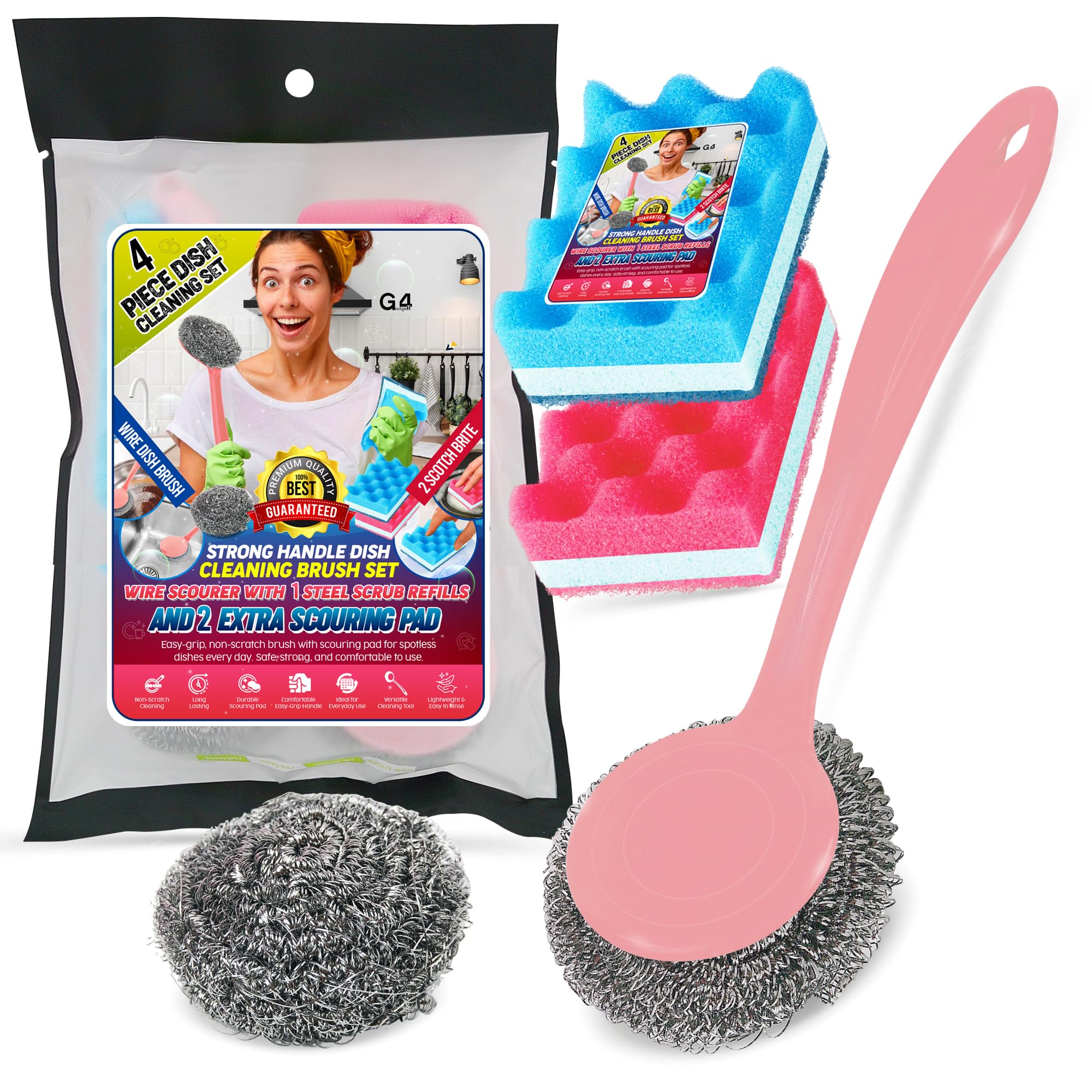 G4GADGET Cleaning Combo Set 5 Pack – Includes 2 Heavy Duty Sponge Scourers, 2 Stainless Steel Scouring Pads & 1 Cleaning Brush – Multi-Purpose Washing Up Kit for Kitchen, Sink, Pots & Pans