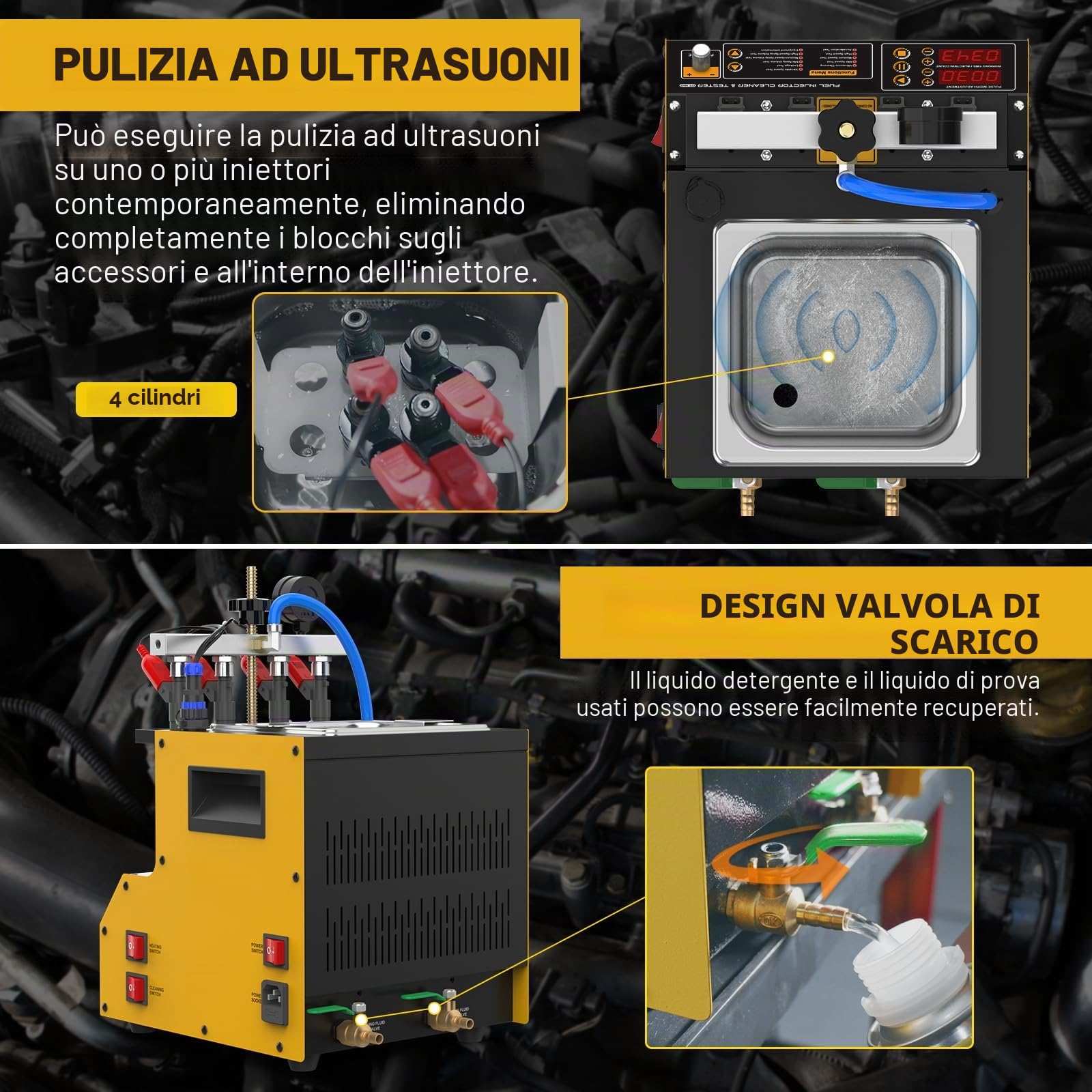 Pulitore a iniezione di Carburante ad ultrasuoni con Funzione di Riscaldamento, 4 cilindri per iniettori GDI, EFI e FSI, Display Digitale con 9 modalità di Test