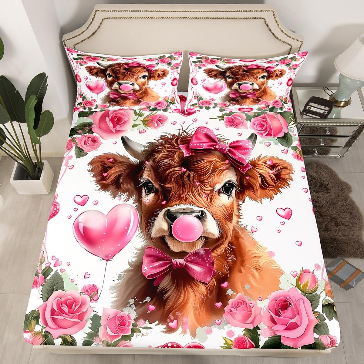 Kawaii Highland Cattle Fitted Sheet Twin Size Girly Style Rose Flower Bedding Set 2Pcs(No Flat Sheet) Romantic Valentine's Day Bed Sheet for Teens Room Decor Pink Love Heart Deep Pocket Sheet