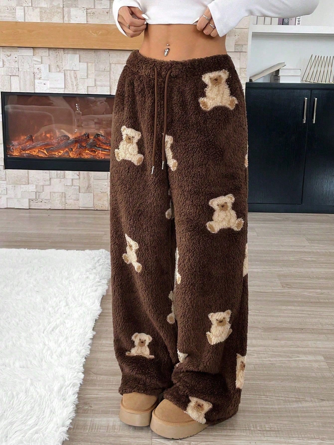 Womens Casual Cartoon Bear Pattern Drawstring Waist Wide-Leg Long Pants
