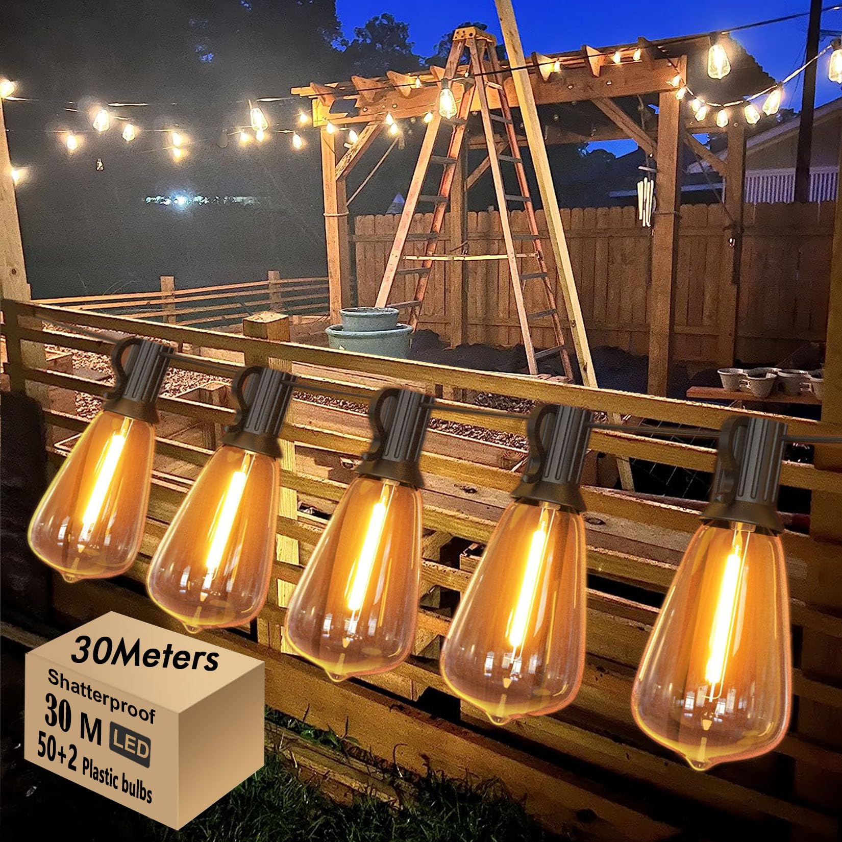 Skeerei 30M Festoon Lights Outdoor Mains Powered Led Garden Lights String with Vintage 52pcs 2700K Warm White for Pegola Patio