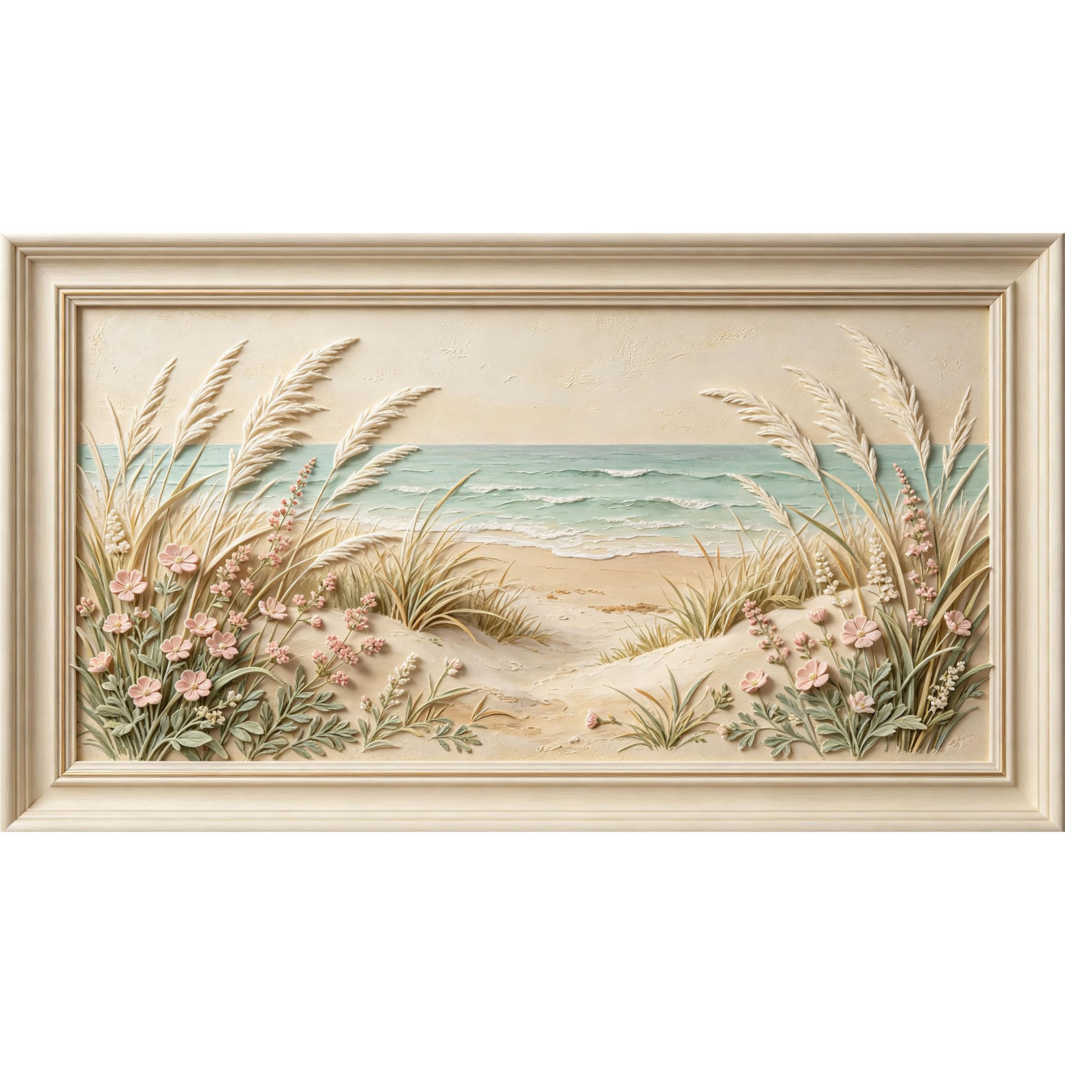 QZLITHOTIC 50×90cm3D Framed Wall Art， Coastal Beach Dune Wildflowers Self?Adhesive Mural， Water?Activated Peel & Stick Fabric Decor Wall Decal for Bedroom Living Room