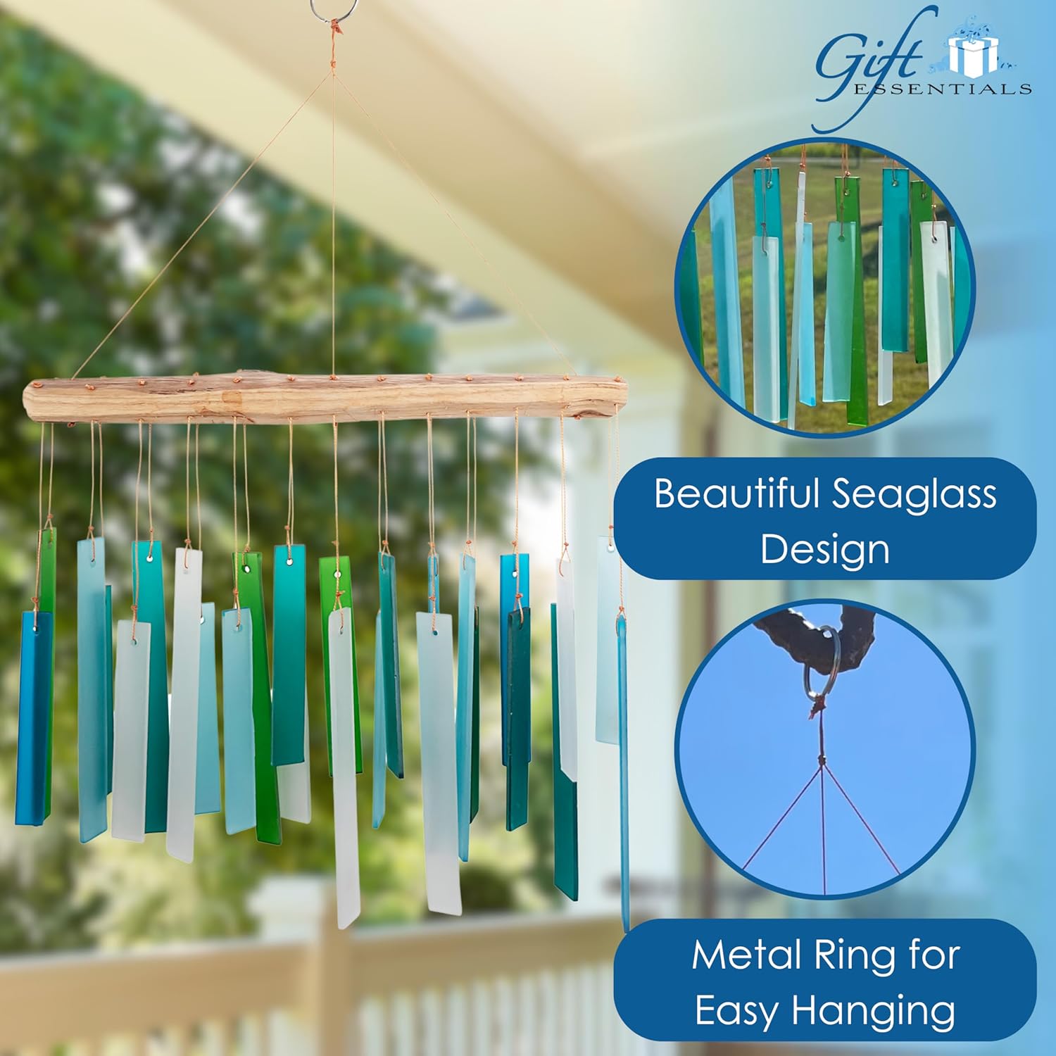 Blue Handworks Sea Glass and Driftwood Chime - Sandblasted Glass and Found Wood Hand Crafted Wind Chime - Image 2