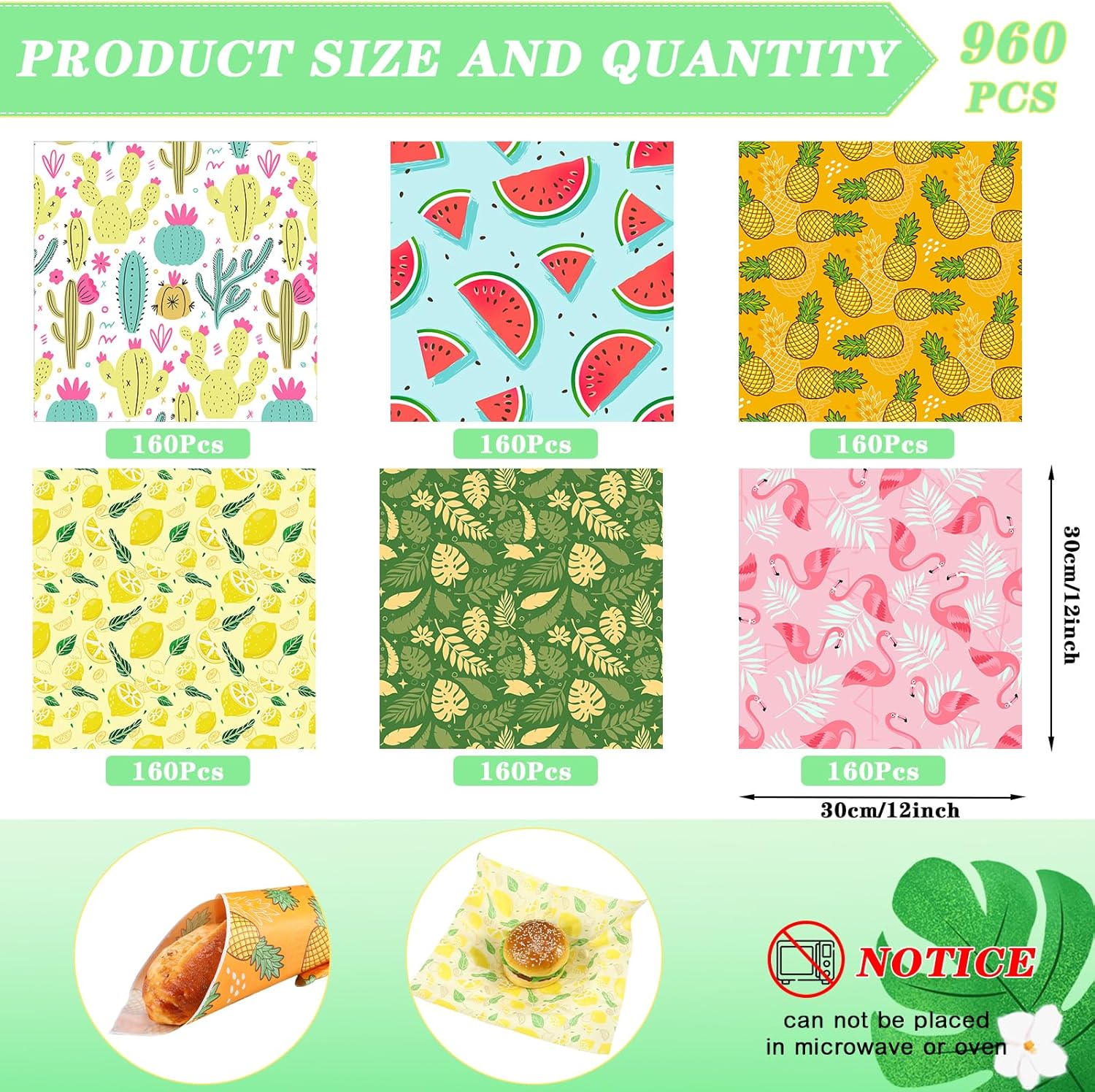 960 Pcs Hawaiian Wax Paper Sheets Sandwich 12 x 12 Inch Summer Parchment Paper Waterproof Greaseproof for Baking Wrapping Tissue Food Basket Liner