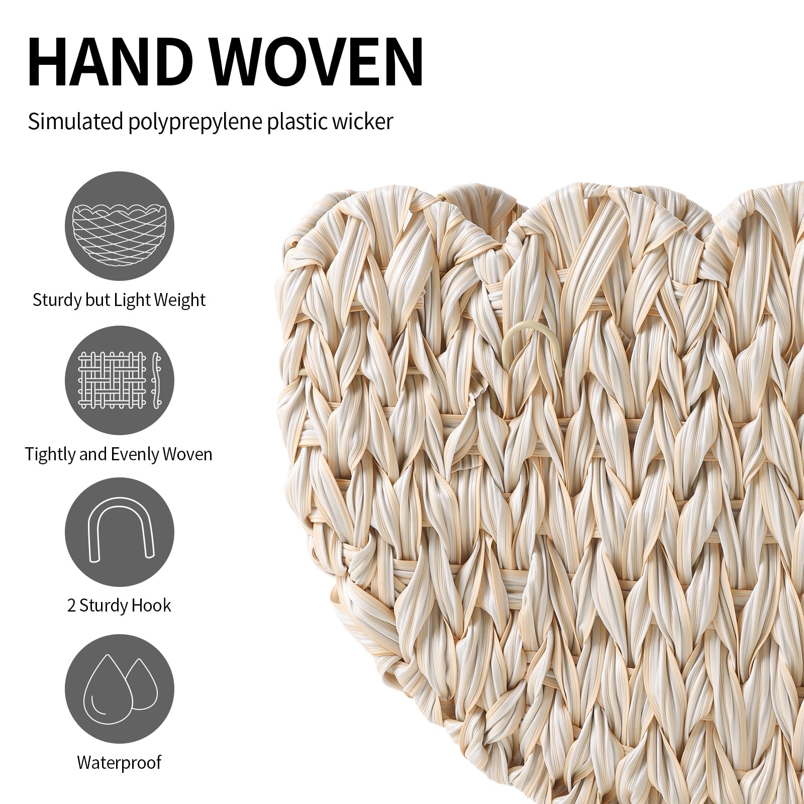 Coeusy Panier suspendu en osier, panier mural festonné pour organiser et décorer, paniers de rangement tissés bohèmes pour jouets, tissu, fleurs, magazines, blanc