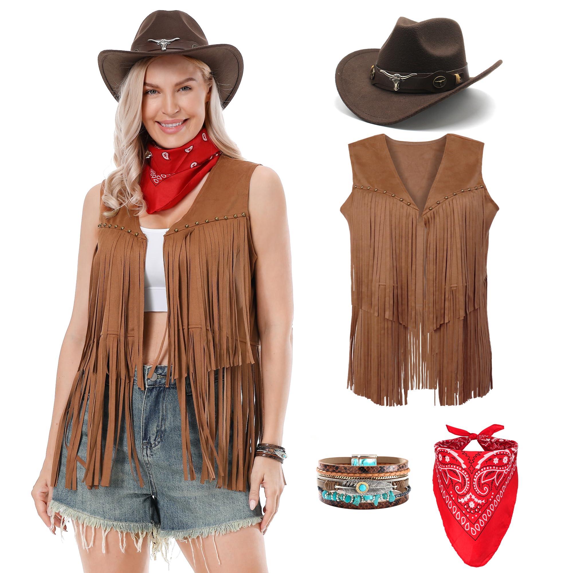 Dzorim Western Cowgirl Costume for Women Cowboy Tassel Vest for Women Hat Dress Bandana Bracelet (Brown, 2XL)