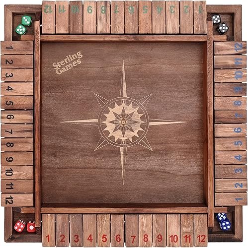 Sterling Games 12 Inches Shut The Box Game for 4 Players, Family Dice Game with 12 Numbers Box, Nautical Themed Large Wooden Game Board