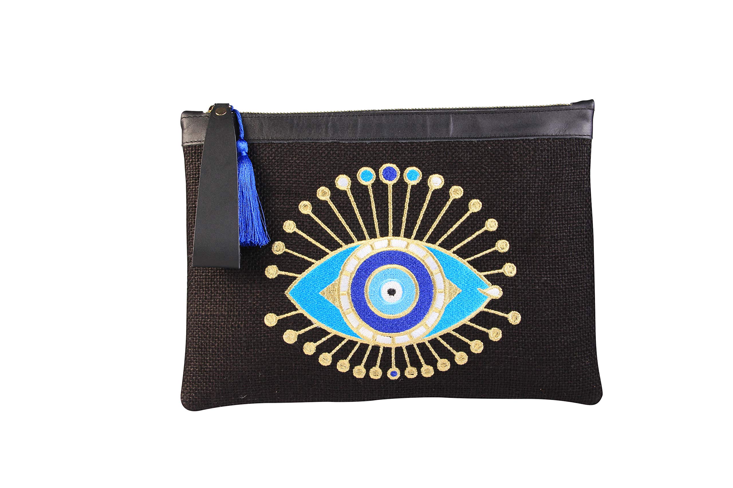 KarensLine HandmadeEvil Eye Embroidery Black Jute Clutch Bag Sun Beach Summer Style, Medium, Black, Medium