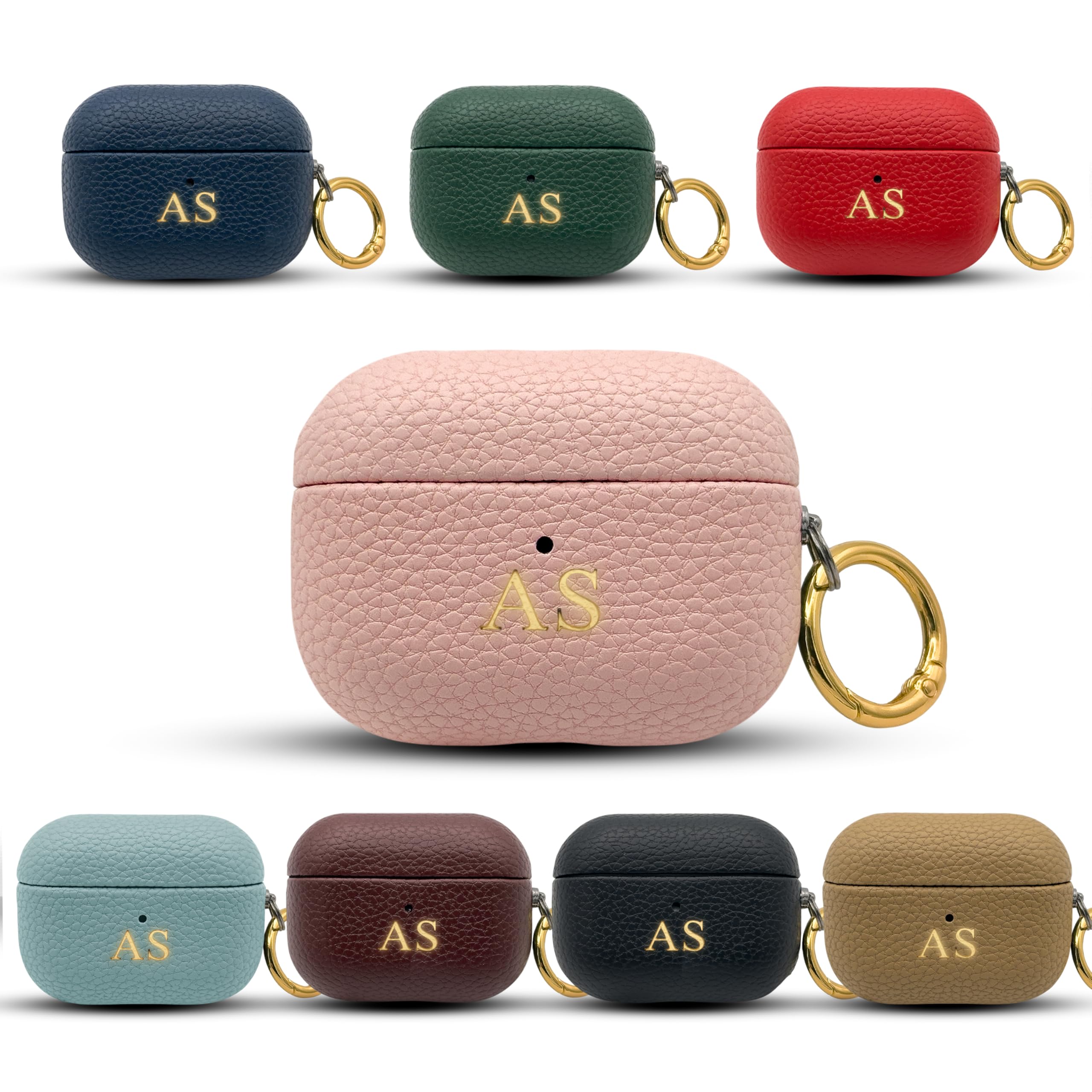 – Personalised Leather Case for Apple Airpods 4 - Customised Vegan Leather Airpod Cover - Gold Embossed Case with your own Name Initials and Golden Hook Keychain [05- Pink]