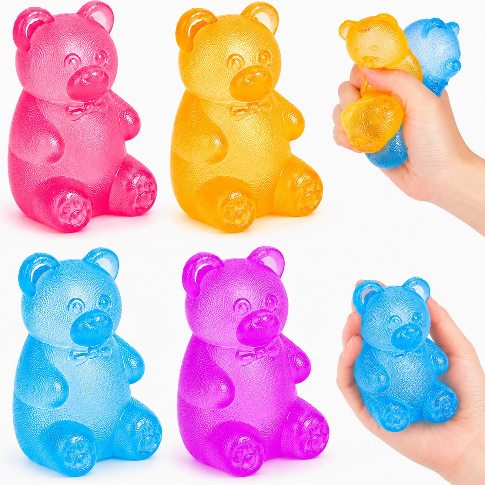 4Pcs Bear Squishy Fidget Toys, Squishys Stress Balls for Adults Kids, Squishies Sensory Squeeze Toys, Fidget Cube Bear Toy for Anxiety Relief & Focus, Birthday Classroom Prize Party Favors