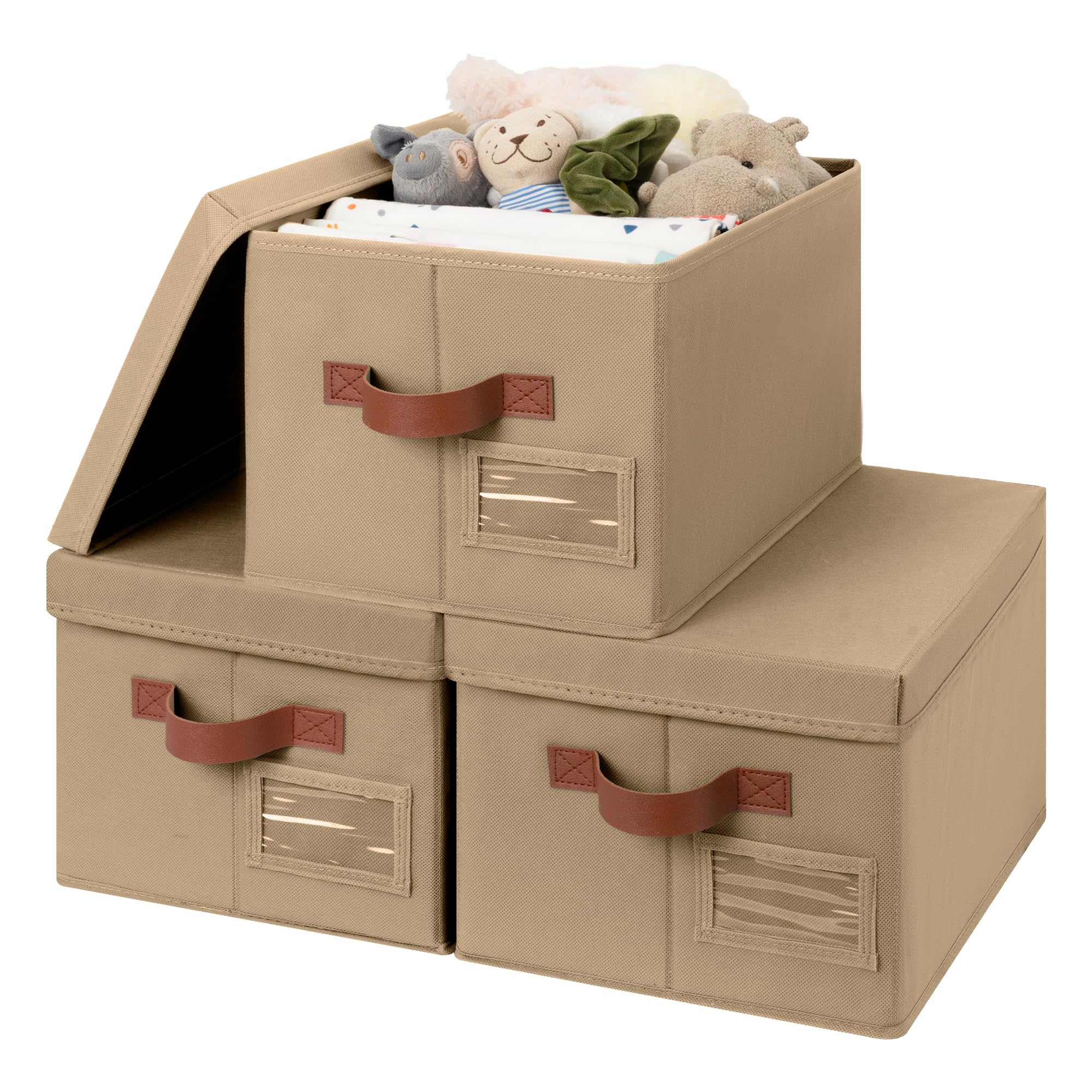 GRANNY SAYS Storage Boxes with Lids, Pack of 3 Cloth Box with Lid, Wardrobe Storage Bins, Clothes Organisers Baskets for Shelves, Foldable Storage Box for Bedroom Closet Organising, Khaki