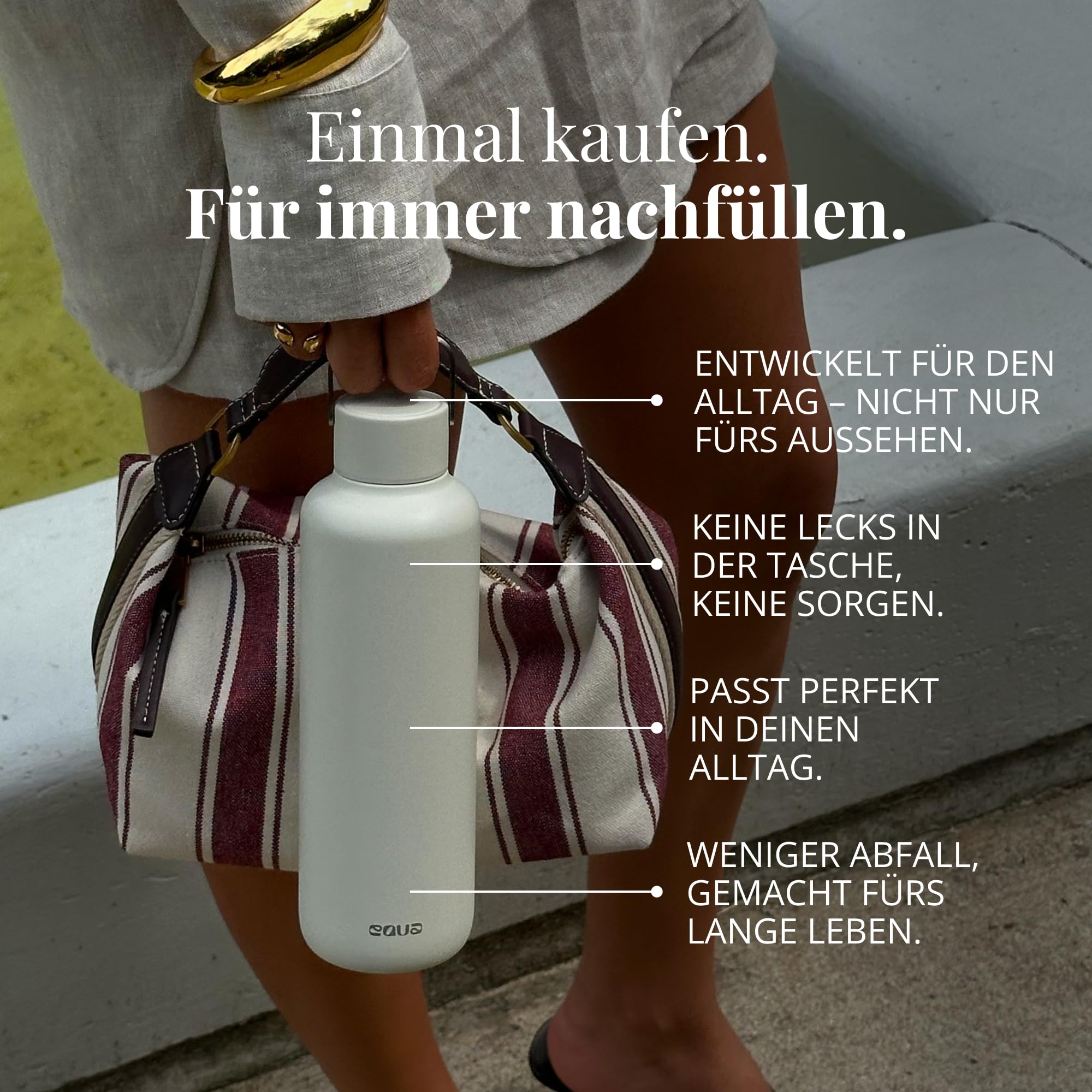 EQUA Timeless Isolierte Trinkflasche, doppelwandig, Edelstahl, 24 Stunden kalt oder bis zu 12 Stunden heiß, BPA-frei, auslaufsicher, haltbar, multifunktional (Steel, 1000ml)