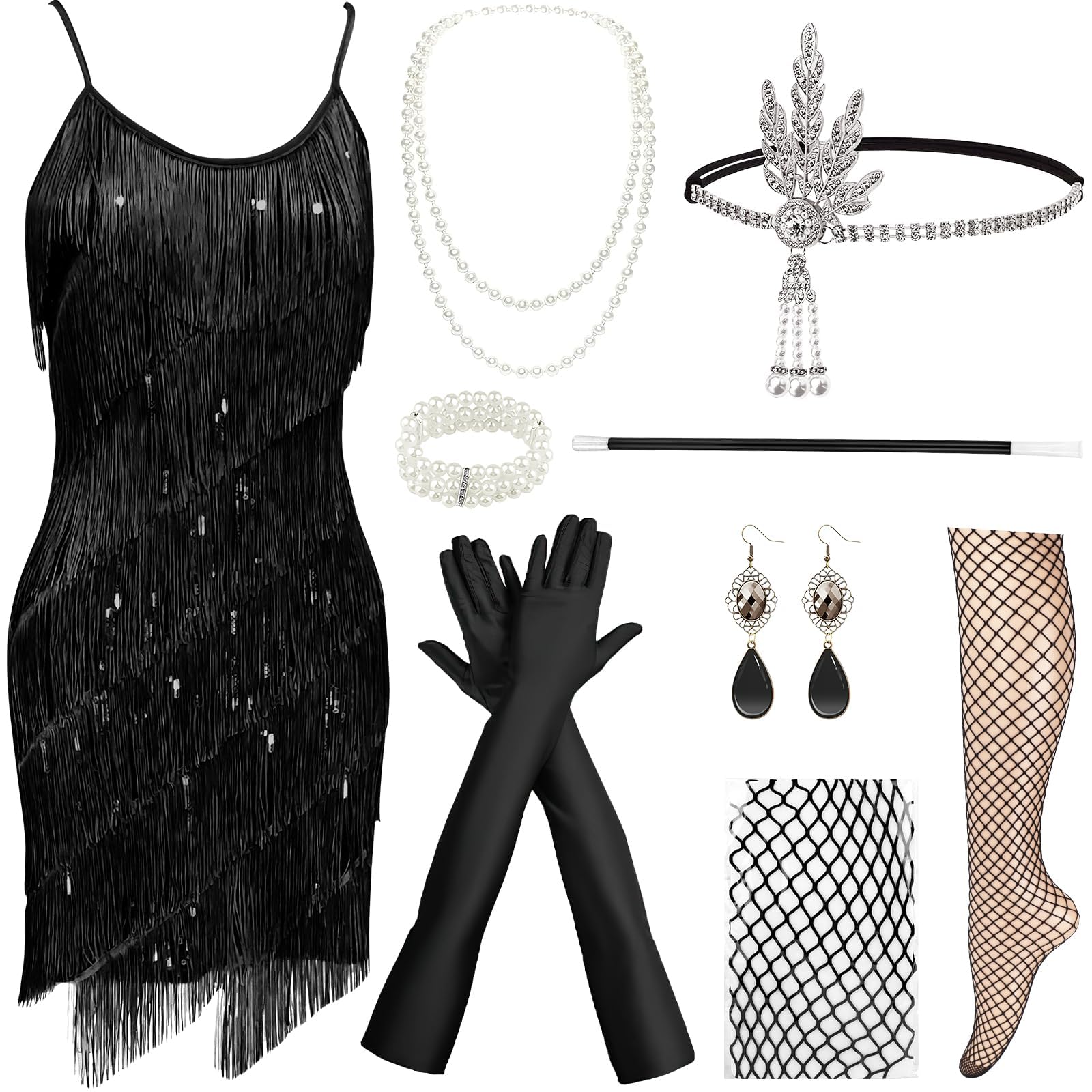 DHNDO Women's Flapper Dress, 1920s Sequin Fringed Vintage Flapper Dress, Cocktail Party Dress Roaring 20s Accessories Costume Set (Black, M)
