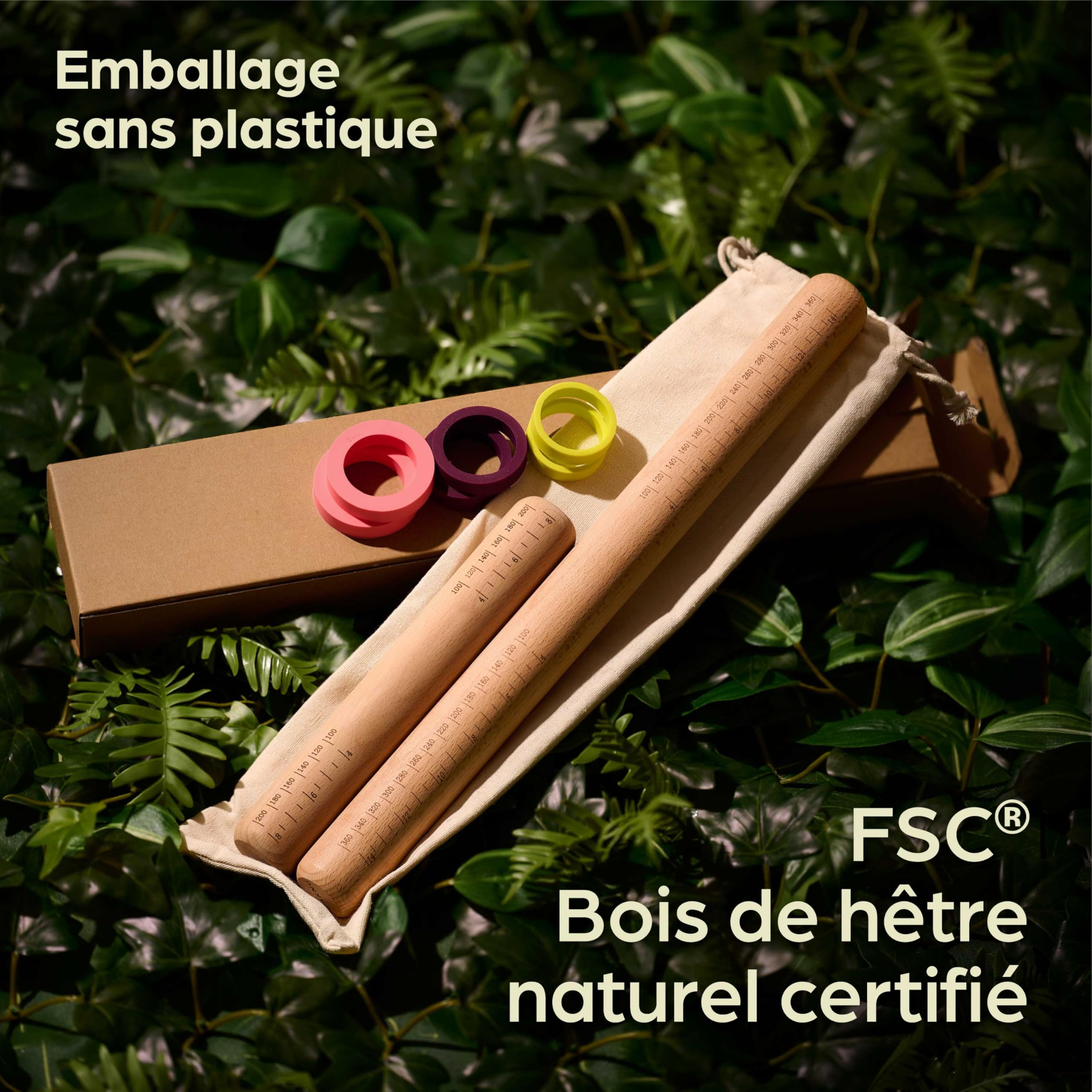Praknu Rouleau à Pâtisserie avec Anneaux - Lot de 2 - Rouleau à Pâtisserie en Bois Durable FSC® - Pour un Étalement Régulier