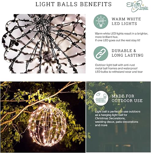 Miniatura 2 de Elf Logic 16” Outdoor/Indoor LED Christmas Light Ball with Automatic Timer. Durable, Waterproof, Long-Lasting, Lightweight Bright Light Ball. Warm