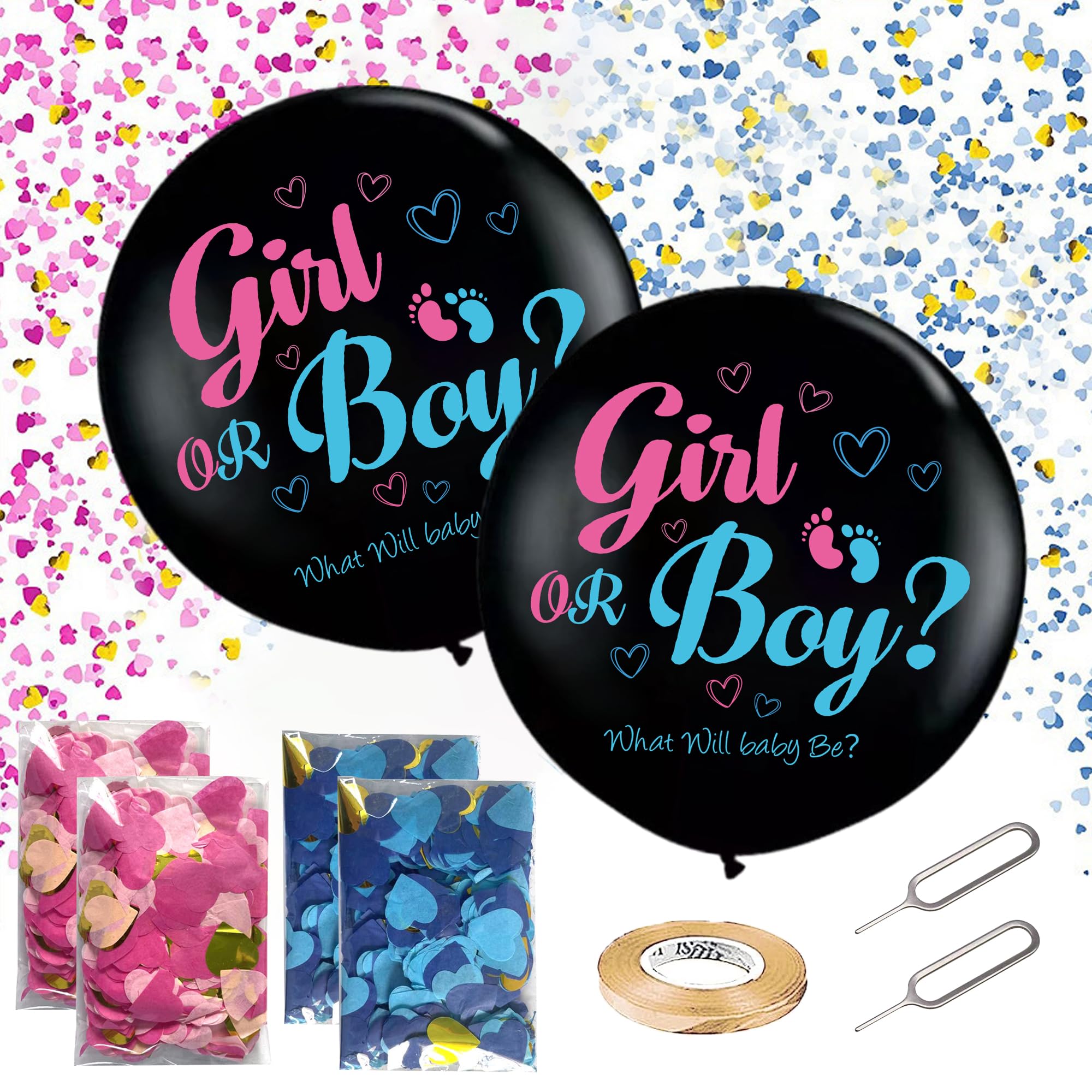 Soireeparty Gender Reveal Confetti Balloon, 2 Pieces 36 Inch Black Latex Balloon with Pink Blue Confetti