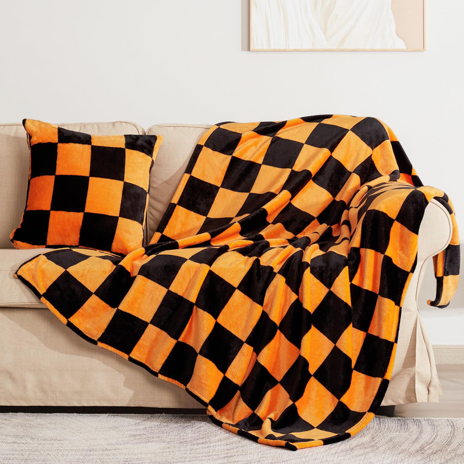 Vessia Throw Blanket Checkerboard Black and Orange(50x71inch) with Pillow Cover(18x18inch), Orange Checkered Flannel Throw for Couch,Bed,Sofa, 300GSM Soft Cozy Comfy Warm Blanket Halloween Decor — image 1