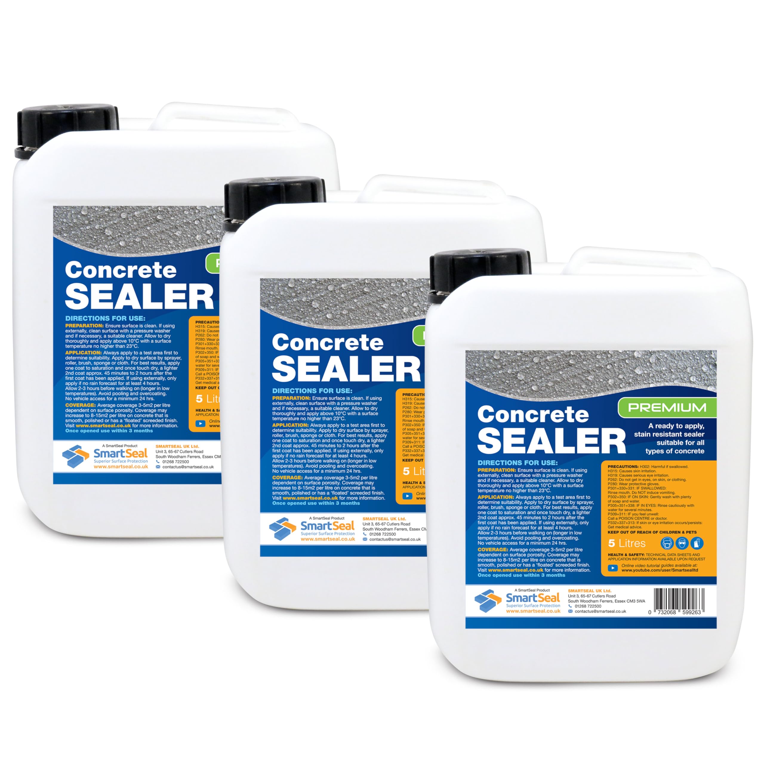 Smartseal Premium Concrete Sealer - Easy to Apply, High Protection, Oil & Water Repellent, Food Safe. Suitable for All Surfaces - 3 x 5 L