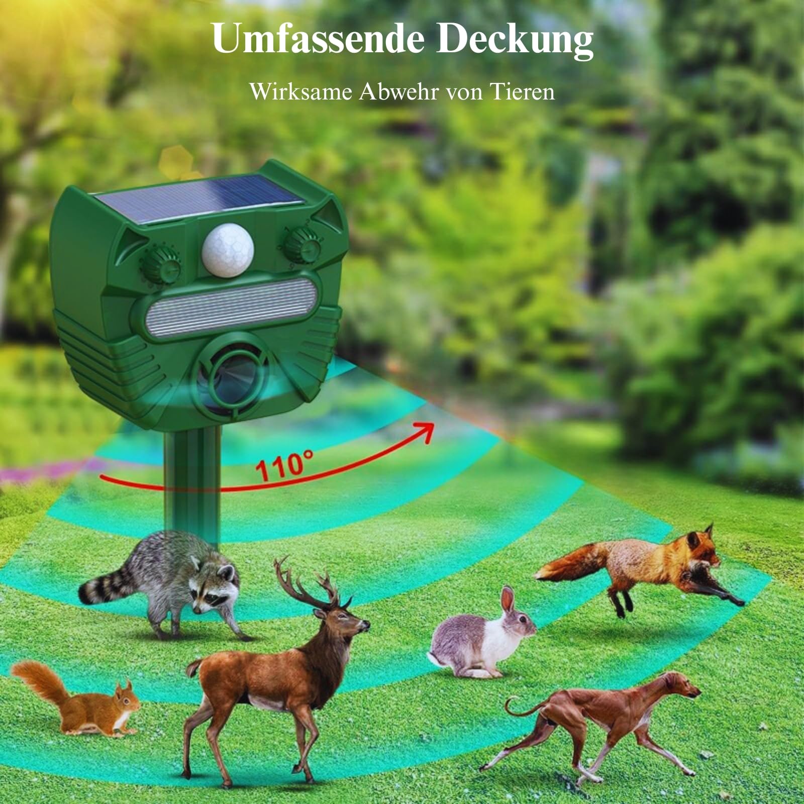 Dissuasore per gatti ad ultrasuoni, impermeabile, protezione solare con modalità di ricarica USB, deterrente animali e luce a LED, efficace contro martore, gatti, cani, uccelli, volpi e ratti.