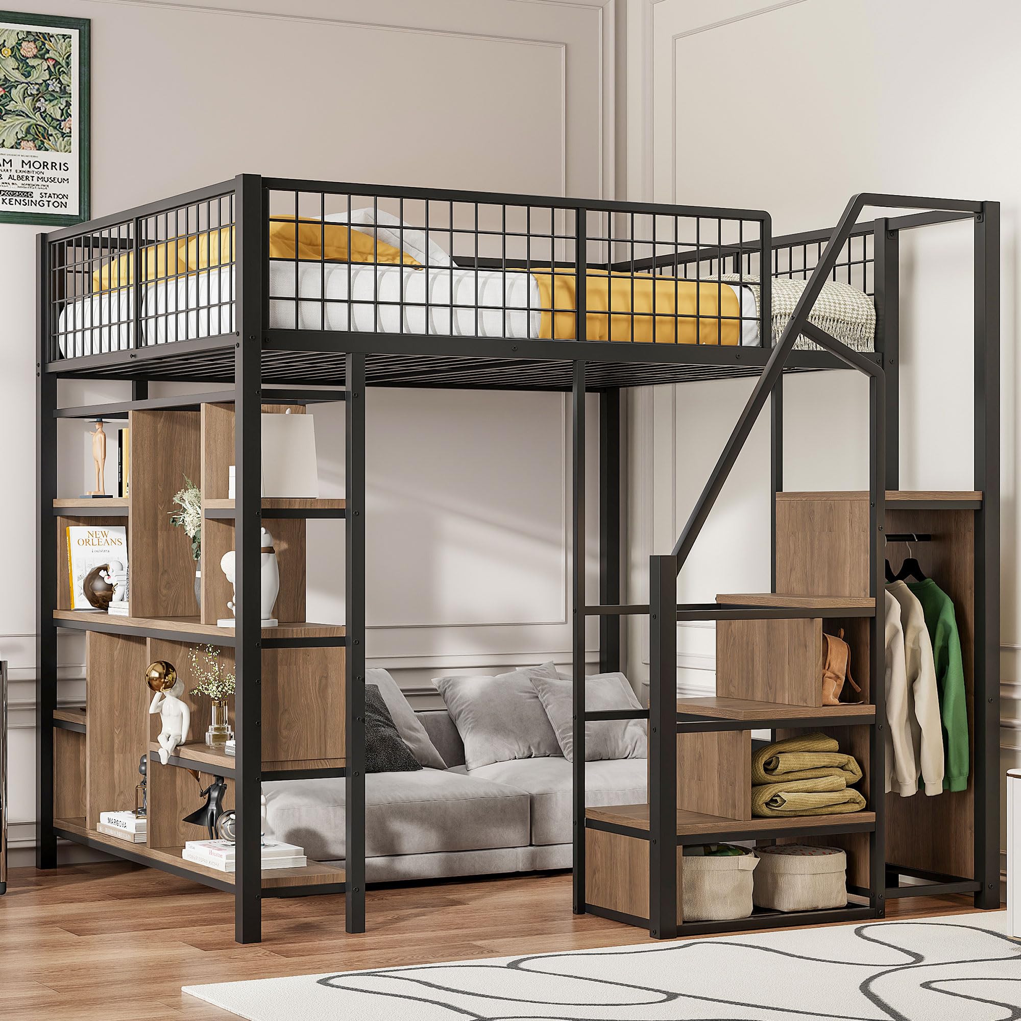 Kayan Hochbett 140 x 200 cm, Metallbett mit Stauraum, Ablageflächen und Treppe, Funktionsbett Kinderhochbett Jugendhochbett mit Rausfallschutz, Weiß, ohne Matratze (Schwarz)