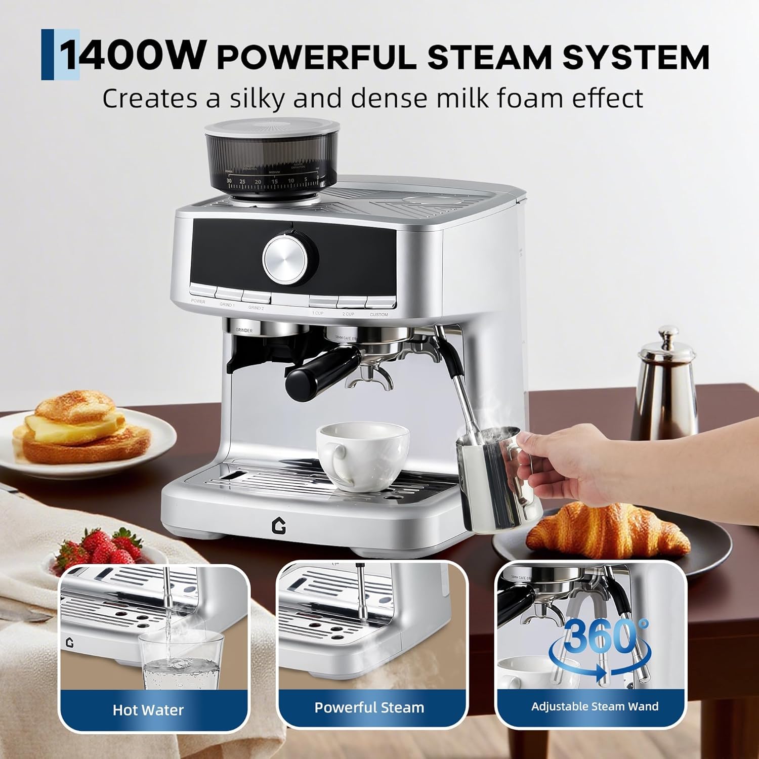 Espresso Machine with Grinder & Milk Frother,20 Bar Professional Espresso Coffee Maker with Removable Water Tank,Steam Wand,for Home Use,Latte,Espresso,Cappuccino,Silver