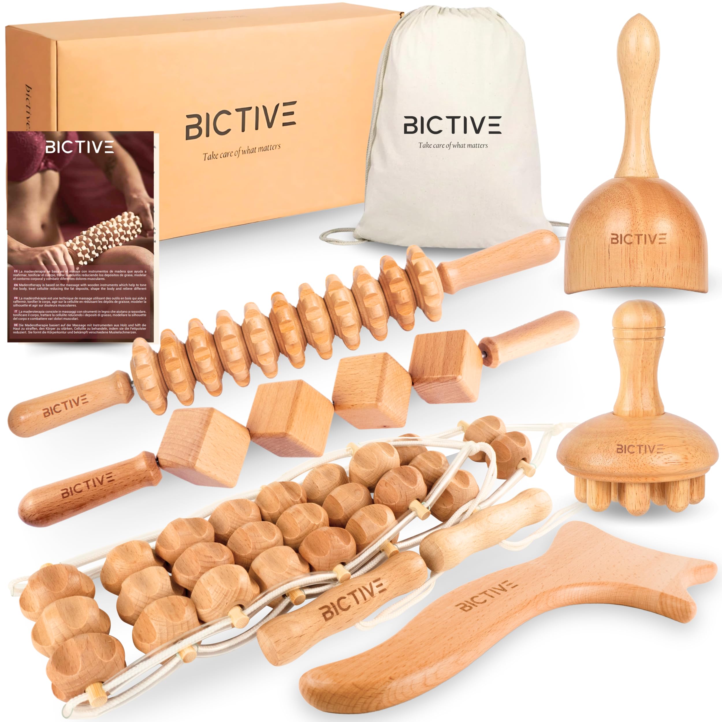 Professionelles Maderotherapie Set mit 6 Stücken. Faszienstab Holz, Anti Cellulite Massagegerät für Beine und Körper. Faszienrolle und Massagestab Holz. Lymphdrainage Gerät aus Buchenholz.