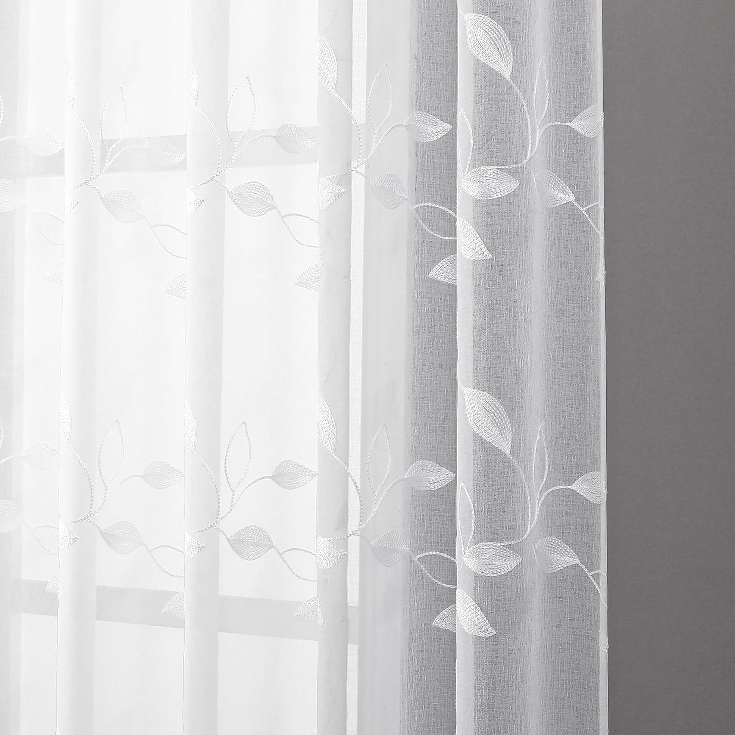 Tollpiz White Leaf Sheer Curtain Leaves Embroidered Bedroom Curtains Rod Pocket Voile Window Treatment for Living Room, 54 x 95 inches Long, Set of 2 Panels