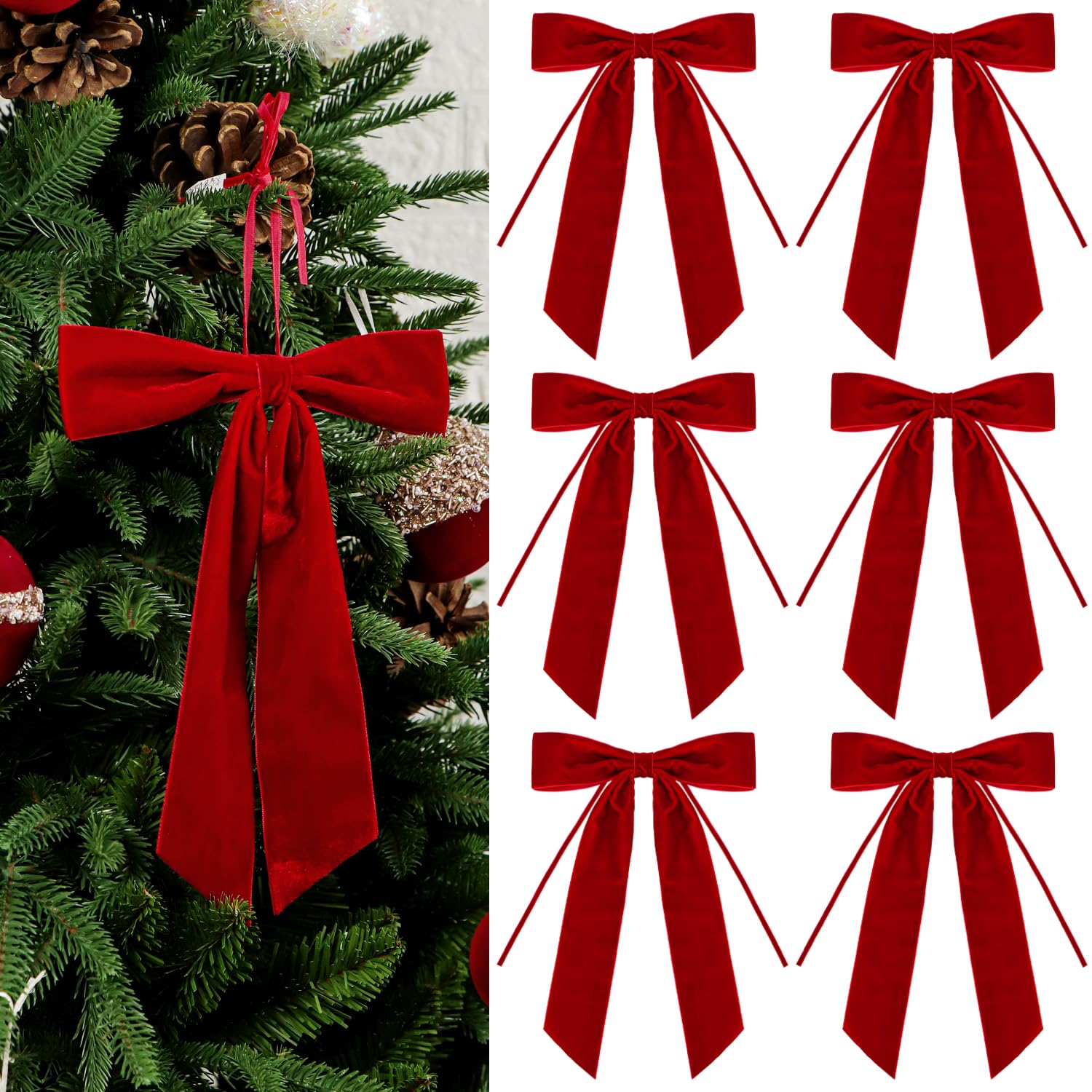 Set of 6 Velvet Bows Christmas Decoration Vintage Ribbon Bow for Gift Wrapping Xmas Holiday Wreath Garland Window Fireplace Staircase Wedding Home Decor,18x25cm (Red)