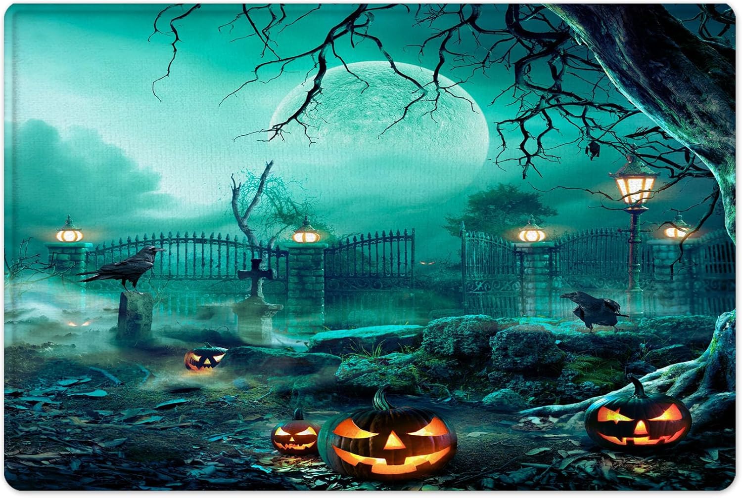 HVEST Horror Halloween Shower Curtain and Bathroom Rugs, Scary Night Black Crow and Pumpkin in Forest Shower Curtain with Bath Mat, 72X72 inch Spooky Full Moon Night Bathroom Decor Shower Curtain Set