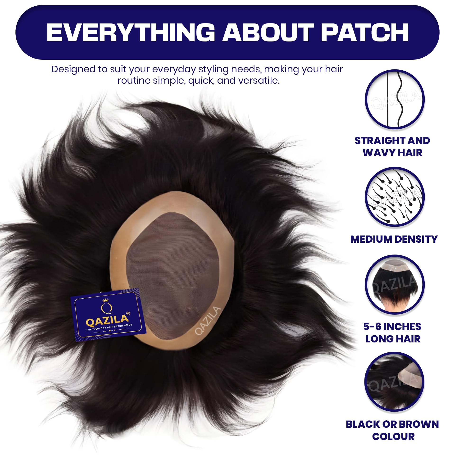 Qazila Monofilament Hair Patch for Men | 100% Natural Human Hair | Freestyle | Durable Base for Longer Life upto 8-12 Months | Easy to Clean, Self-Service & Install | Natural Black | 9x7 inches 1